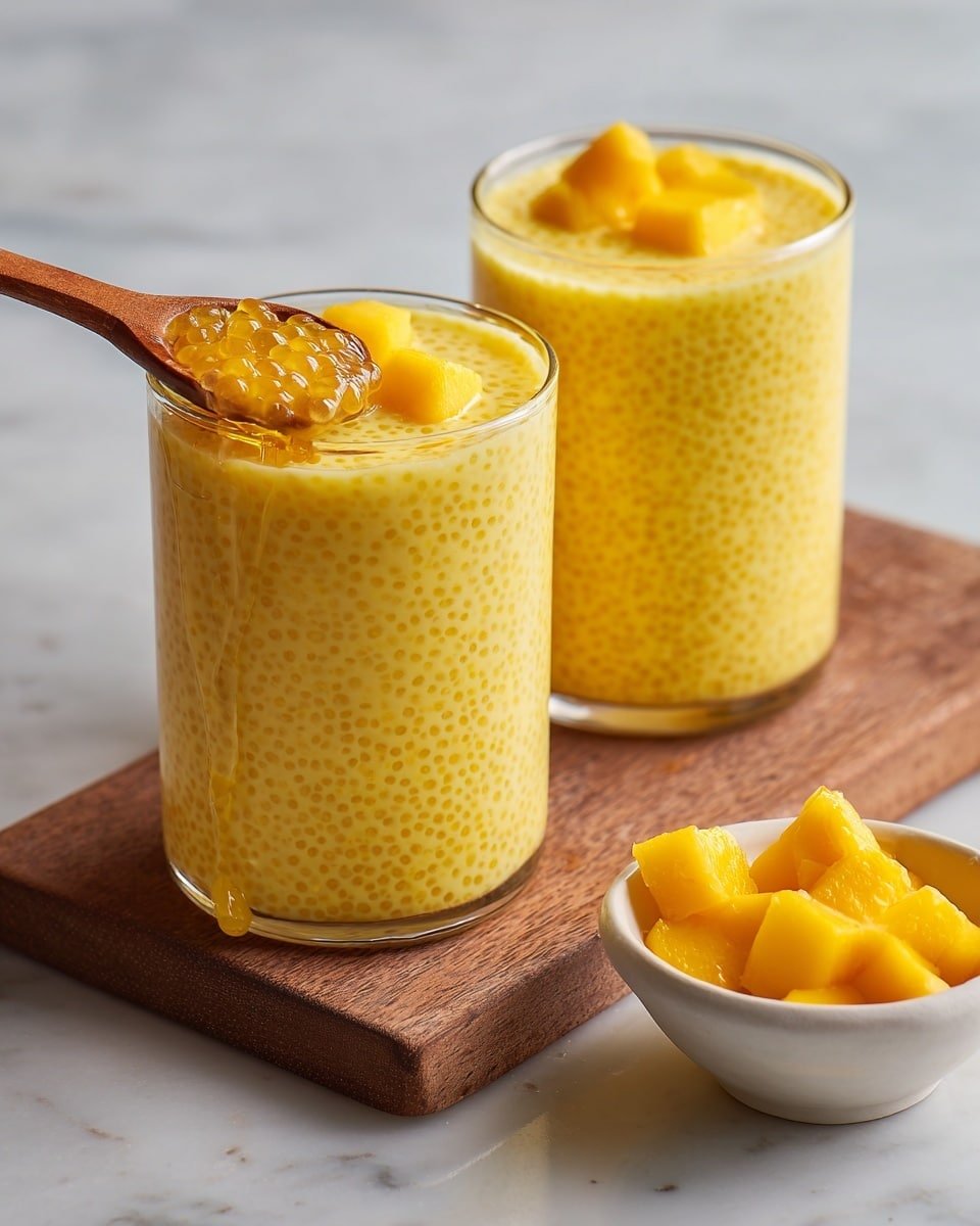 Mango Sago Recipe - Recipe Image — Mango Sago, Mango Sago Dessert, how to make Mango Sago, tropical mango sago, creamy mango sago