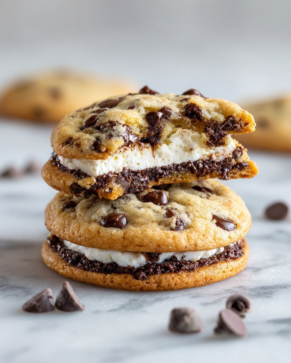 Cheesecake Stuffed Chocolate Chip Cookies Recipe - Recipe Image — Cheesecake Stuffed Chocolate Chip Cookies, chocolate chip cookie recipes, stuffed cookie ideas, cheesecake dessert recipes, homemade cookie treats