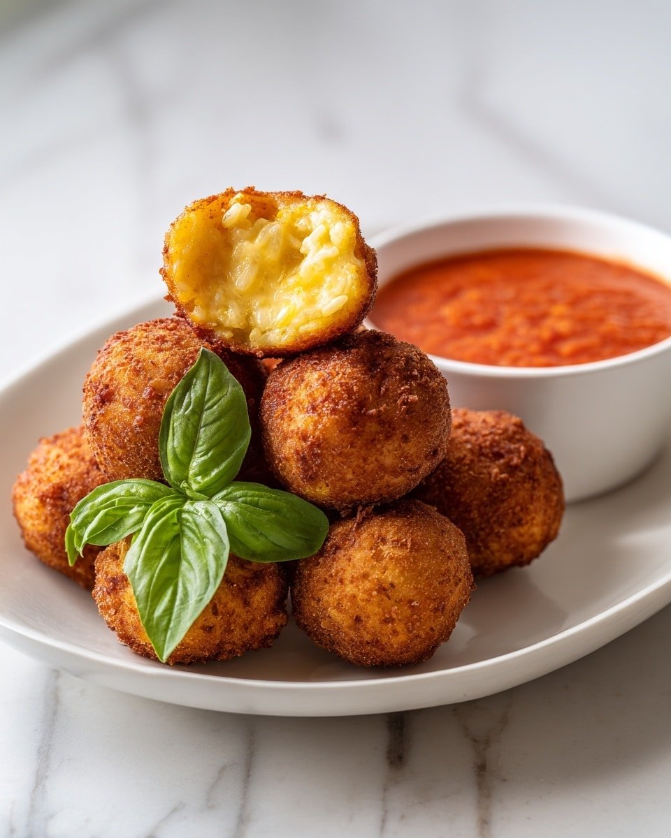 Crispy Arancini Italian Rice Balls with Marinara Dipping Sauce Recipe - Recipe Image — Crispy Arancini Italian Rice Balls with Marinara Dipping Sauce, Italian rice ball appetizer, homemade arancini recipe, cheesy arancini snacks, fried rice balls with marinara
