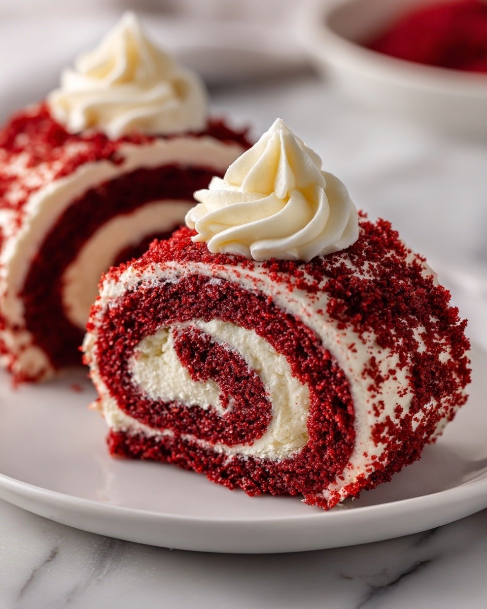 Red Velvet Cake Roll with Cream Cheese Filling Recipe - Recipe Image — Red Velvet Cake Roll with Cream Cheese Filling, Red Velvet Cake Roll, Cream Cheese Filled Cake Roll, Easy Red Velvet Cake Recipe, Festive Cake Roll Ideas