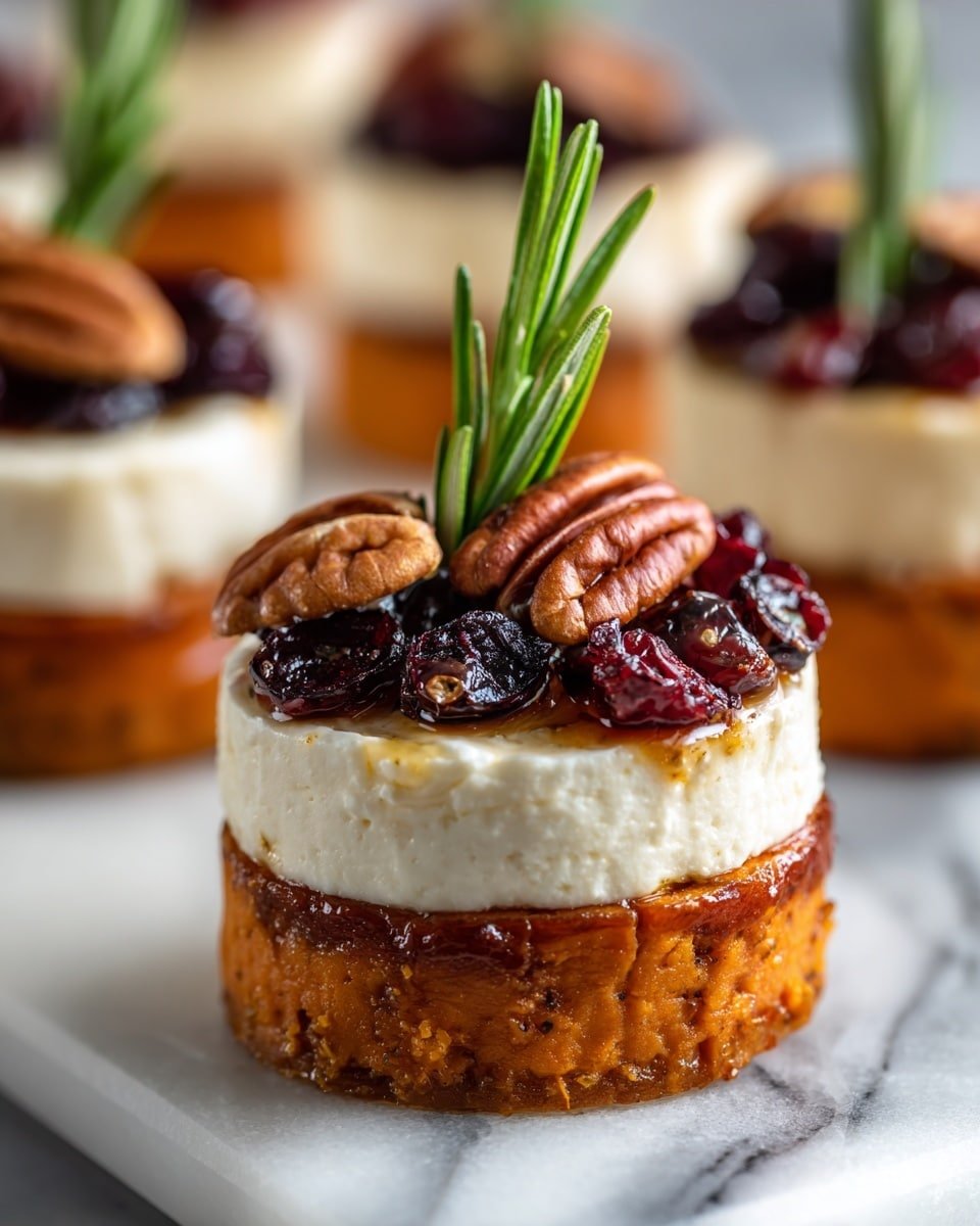 Sweet Potato Rounds with Brie, Cranberry & Pecans Recipe - Recipe Image — Sweet Potato Rounds with Brie, Cranberry & Pecans, roasted sweet potato appetizers, festive holiday snacks, easy appetizer recipes, cozy fall appetizers