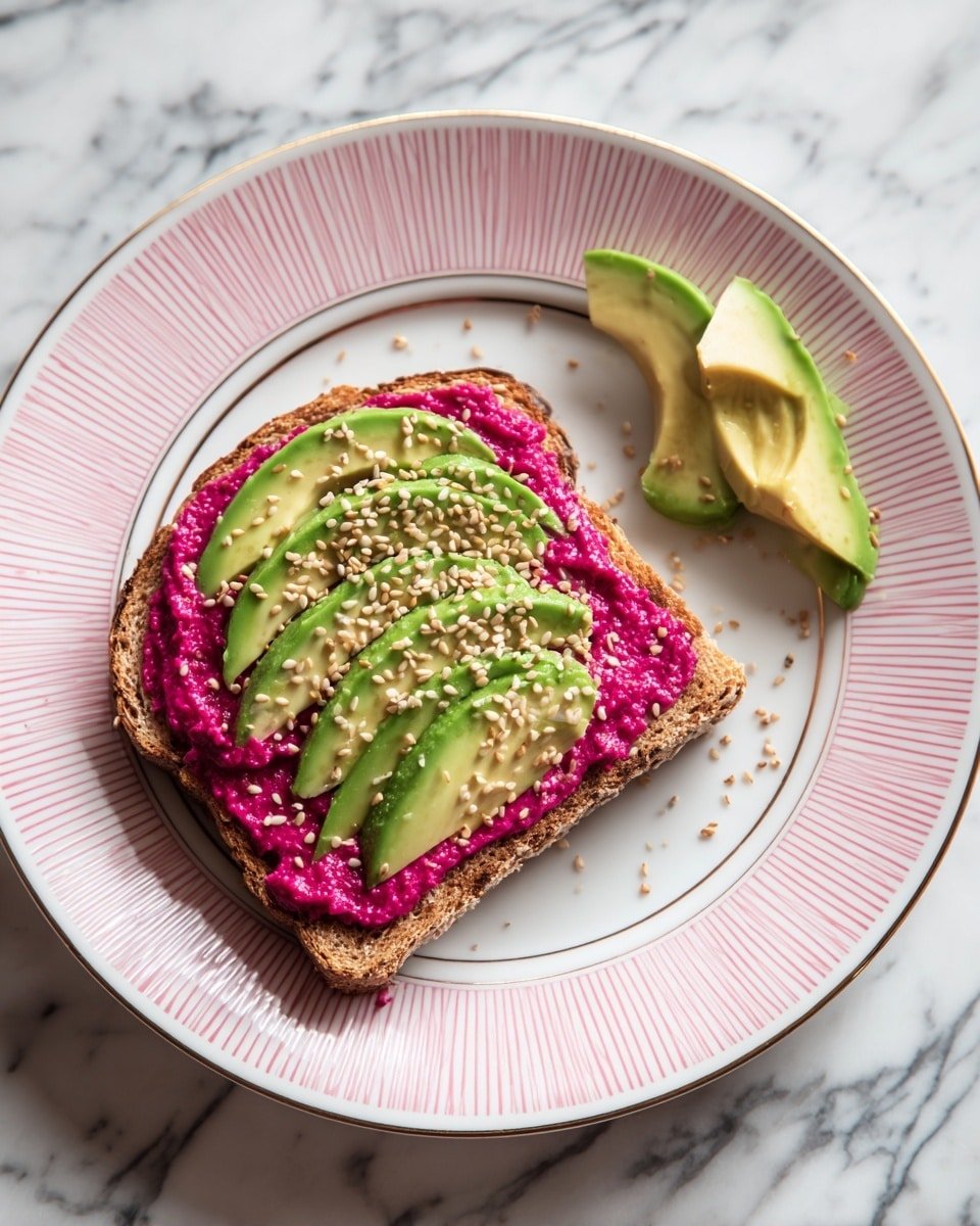 Beetroot Hummus Avocado Toast Recipe - Recipe Image — Beetroot Hummus Avocado Toast, healthy beetroot hummus recipe, vibrant breakfast toast, quick vegetarian snacks, colorful avocado toast