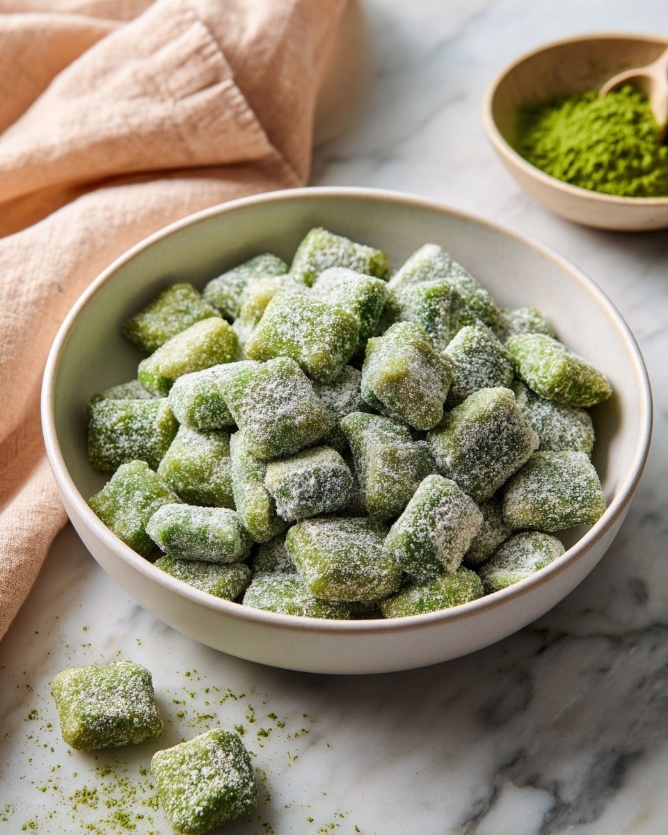 Matcha Puppy Chow Recipe - Recipe Image — Matcha Puppy Chow, Japanese green tea snack, easy matcha dessert, green tea Chex mix, quick matcha treat