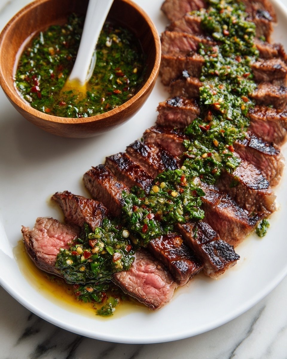 Chimichurri Flank Steak Recipe - Recipe Image — Chimichurri Flank Steak, grilled flank steak with chimichurri, easy chimichurri steak, flavorful flank steak recipe, herbaceous steak dinner