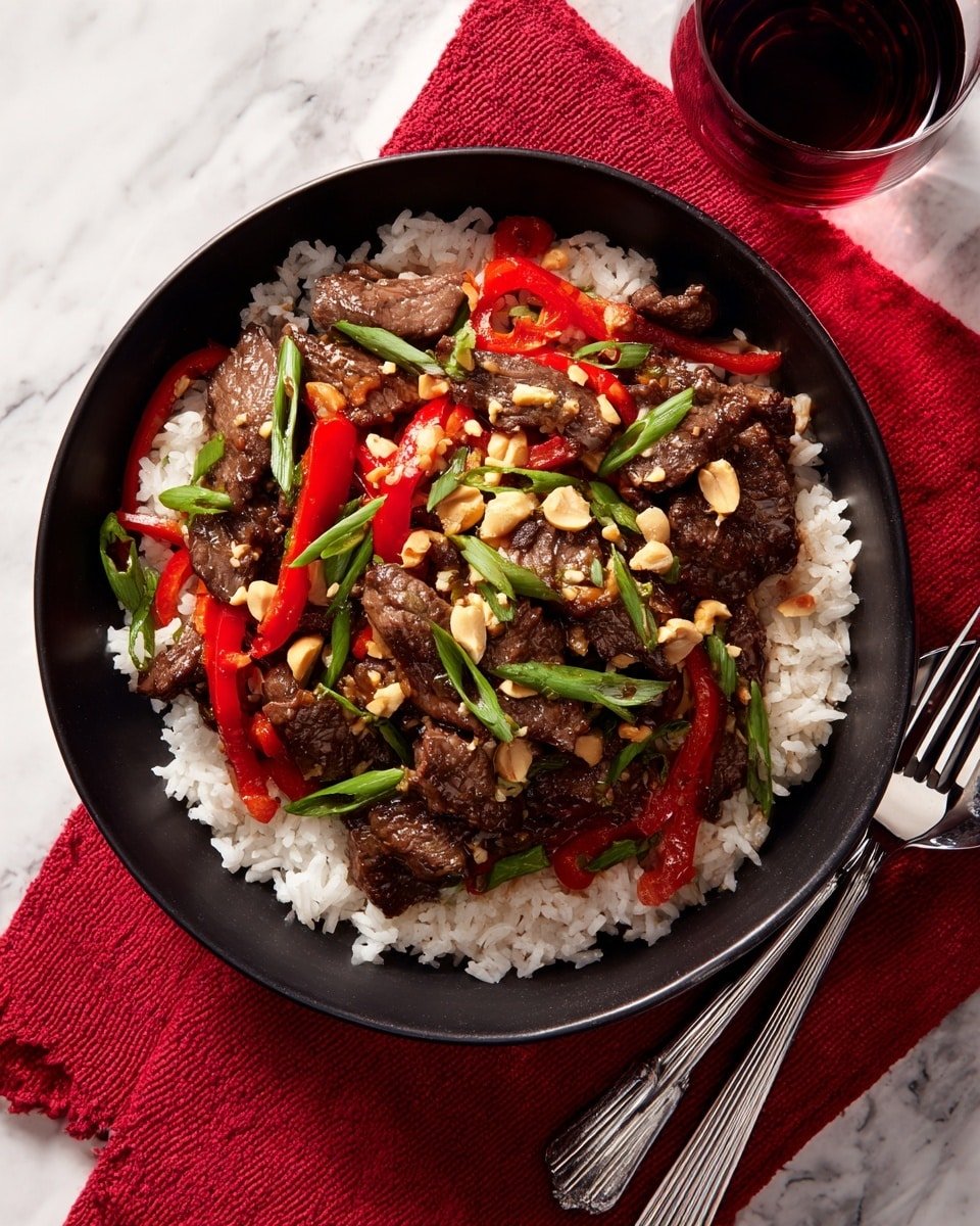 A bowl filled with a base layer of fluffy white rice topped with a colorful stir-fry mix arranged in a scattered way covering most of the rice. The stir-fry has thin dark brown pieces of beef mixed with bright red bell pepper strips and sliced green onions in long thin pieces. Small light tan chopped peanuts are sprinkled unevenly on top, adding texture. The bowl is white and sits on a white marbled surface with a fork and spoon on the right and a small dish of extra peanuts nearby. Photo taken with an iphone --ar 4:5 --v 7 — Kung Pao Beef, spicy Chinese stir-fry, quick weeknight dinner, savory beef recipes, Asian-inspired beef dish