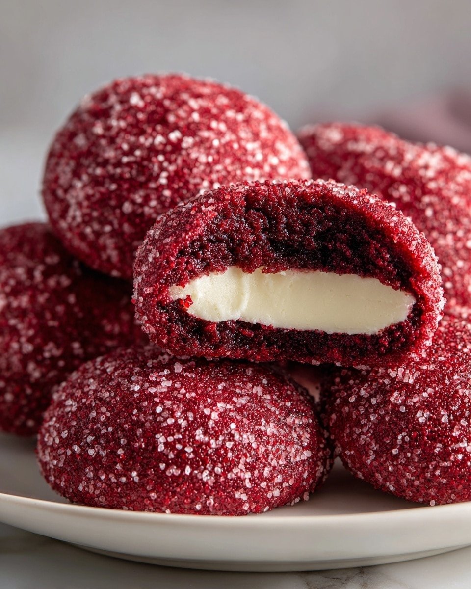 Red Velvet Thumbprint Cookies with Cream Cheese Filling Recipe - Recipe Image — Red Velvet Thumbprint Cookies with Cream Cheese Filling, red velvet cookie recipes, thumbprint cookies, cream cheese filled cookies, holiday cookies