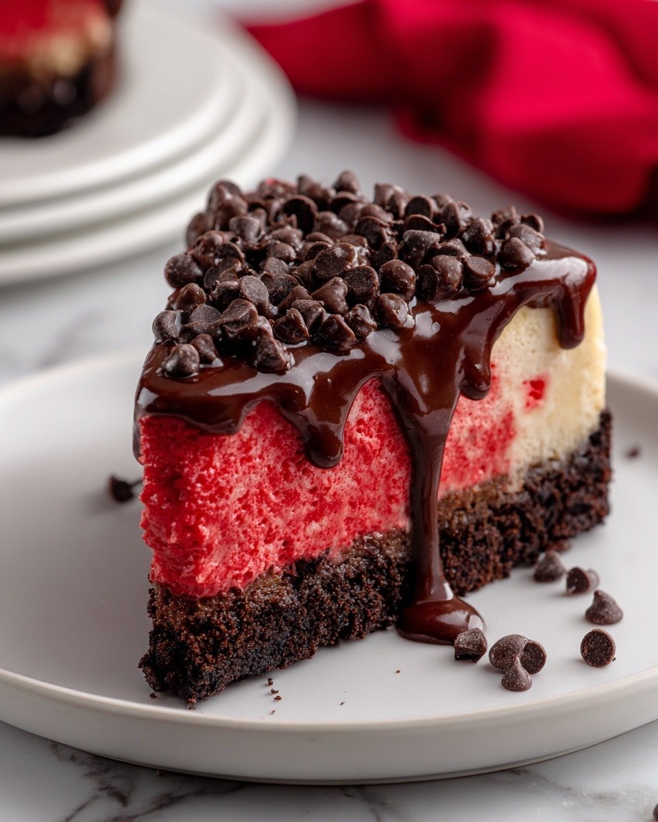 Red Velvet Cookie Dough Cheesecake Recipe - Recipe Image — Red Velvet Cookie Dough Cheesecake, red velvet cheesecake recipe, cookie dough cheesecake, no-bake cheesecake with cookie dough, decadent red velvet dessert