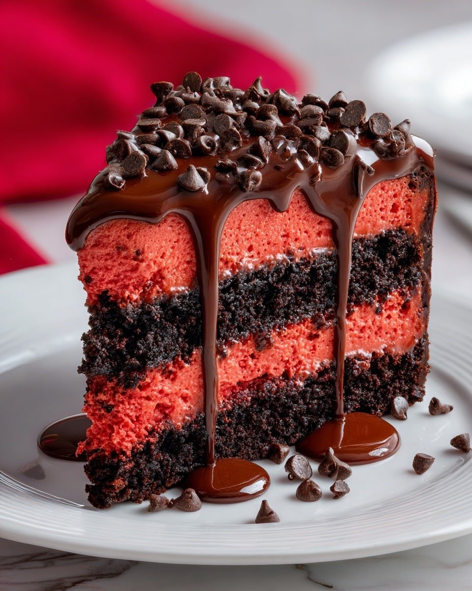 Red Velvet Cookie Dough Cheesecake Recipe - Recipe Image — Red Velvet Cookie Dough Cheesecake, red velvet cheesecake recipe, cookie dough cheesecake, no-bake cheesecake with cookie dough, decadent red velvet dessert