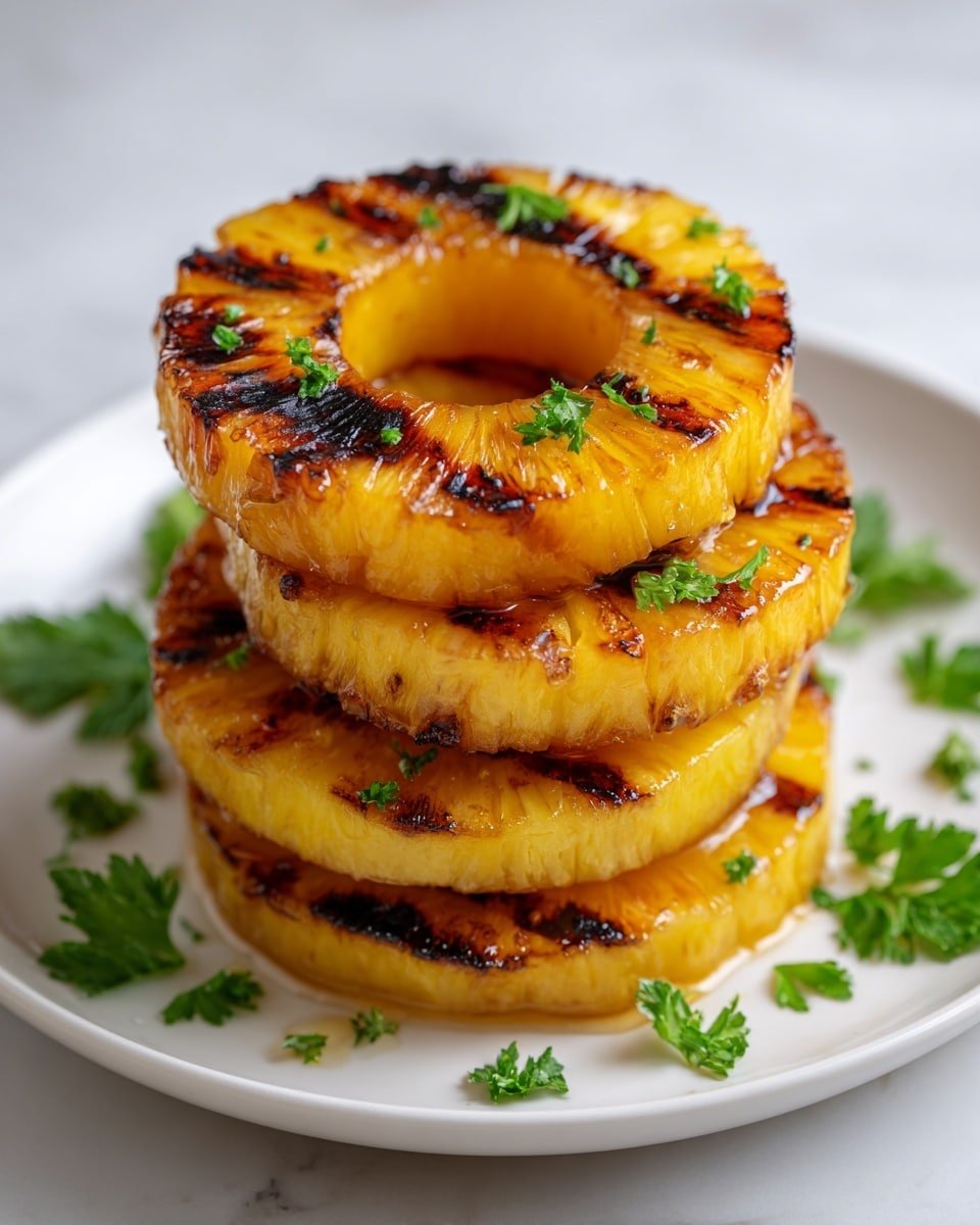 A white plate holds several round grilled pineapple rings, each with a caramelized golden yellow color and dark brown char marks scattered on the surface. A glossy caramel sauce is drizzled generously over the pineapple slices, adding a shiny texture that pools slightly on the plate. The pineapple rings are layered overlapping each other in a casual arrangement, showcasing their juicy and slightly translucent flesh. The background features a white marbled surface with a green leafy garnish blurred out, adding to the fresh and vibrant feel. Photo taken with an iphone --ar 4:5 --v 7 — Grilled Pineapple with Cinnamon and Rum, grilled pineapple dessert, summer fruit recipes, caramelized pineapple, fruity grilled dessert