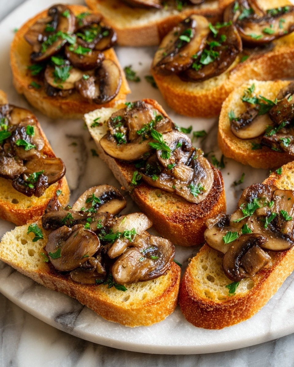The image shows several pieces of toasted baguette slices arranged closely on a ridged dark gray surface, changed to a white marbled texture. Each slice has two main layers: the bottom layer is golden brown crispy toasted bread with a soft white inside, and the top layer is dark brown cooked mushroom slices spread evenly. Small pieces of fresh green herbs are sprinkled on top of the mushrooms, adding a touch of color. The lighting highlights the moist texture of the mushrooms and the crunchiness of the bread edges, giving a warm and inviting look. photo taken with an iphone --ar 4:5 --v 7 — Mushroom and Gruyère Crostini, mushroom crostini recipe, cheesy mushroom appetizer, roasted mushroom crostini, elegant mushroom starter