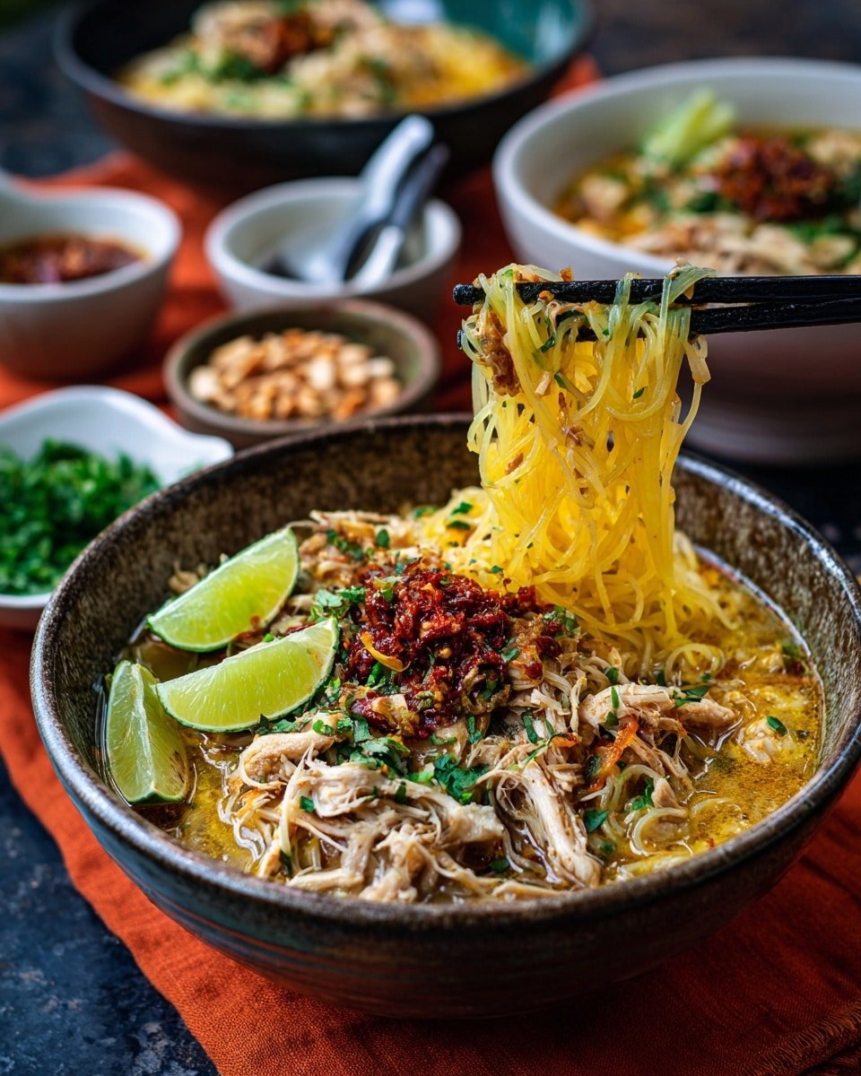 A bowl filled with a layered noodle soup dish, starting with a base of thin yellow noodles soaked in a light brown broth. On top, shredded light yellow chicken pieces are spread around. There is a dark reddish-brown spicy paste piled in the center, next to a pile of golden crispy fried bits. Green cilantro leaves are scattered over the dish, and two thin lime slices rest on one side. A black spoon is partially submerged in the noodles. The bowl is white and placed on a white marbled surface with blurred smaller white bowls in the background. Photo taken with an iphone --ar 4:5 --v 7 — Quick Chicken Laksa, easy laksa recipe, Malaysian-style chicken soup, quick Asian noodle bowl, comforting laksa dish