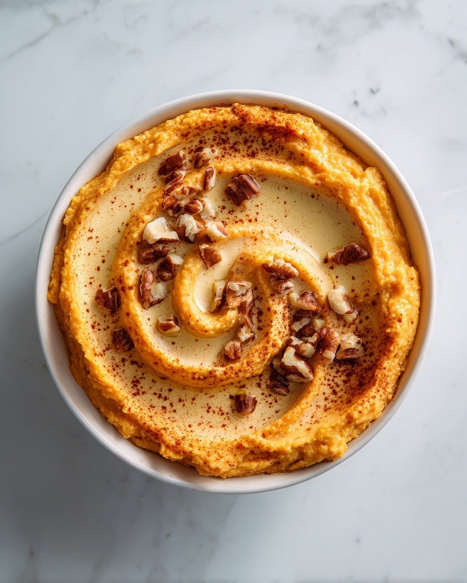A white bowl holds a two-layer dish with the bottom layer being smooth and bright orange, likely mashed sweet potatoes, and the top layer is a lighter creamy swirl mixed with the orange base. The surface is sprinkled with small pieces of brown pecans and a light dusting of a dark spice, possibly cinnamon or nutmeg. The texture looks soft and slightly thick, with a spiral pattern creating a gentle raised center. The bowl is placed on a white marbled surface. photo taken with an iphone --ar 4:5 --v 7 — Creamy Sweet Mashed Potatoes, sweet potato mash with cinnamon, comforting holiday side dish, easy sweet potato recipe, velvety mashed sweet potatoes