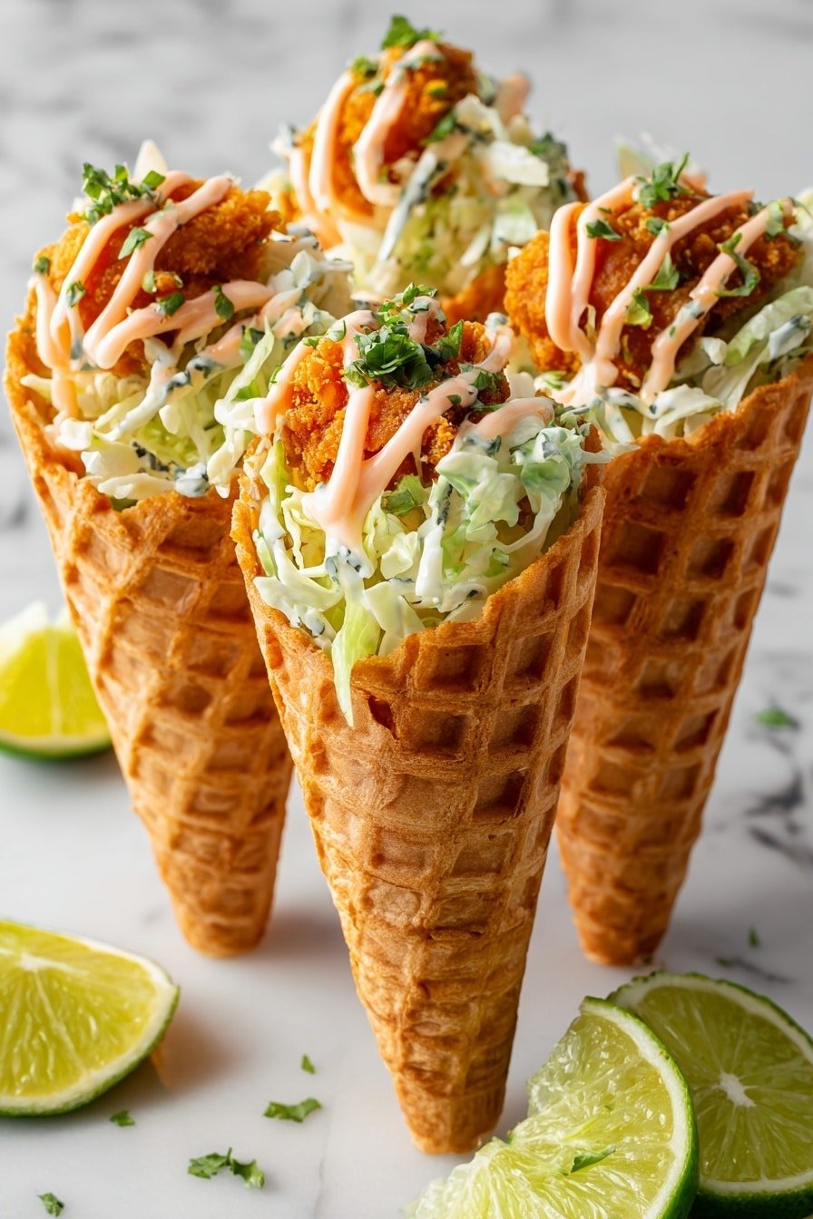 Spicy Sriracha Chicken Cone Recipe - Article Image 2 — Spicy Sriracha Chicken Cone, Spicy Chicken Cone recipe, Waffle Cone Chicken Snacks, Easy Chicken Cone Ideas, Spicy Chicken Handheld Dish