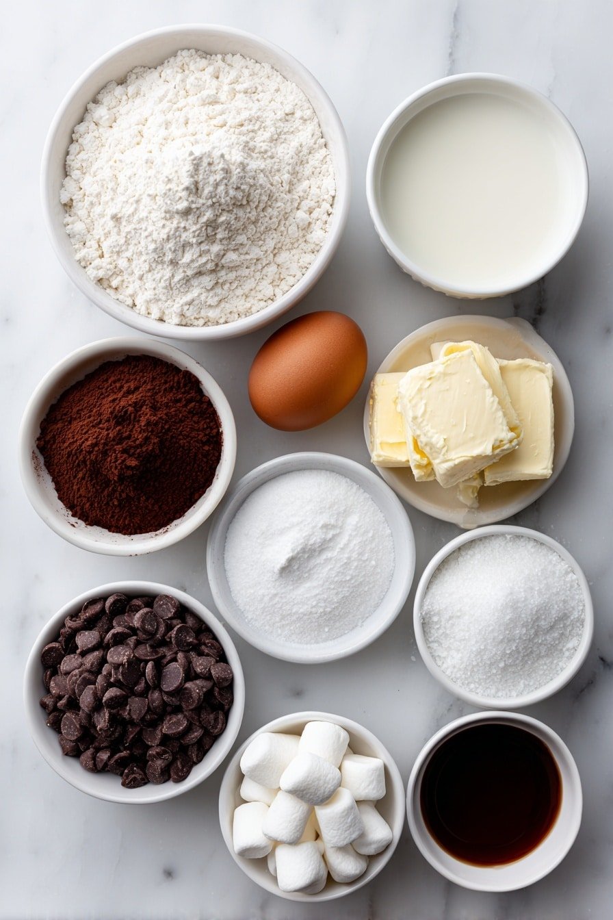 Chocolate Pancake Stacks with Mini Marshmallows Recipe - Ingredients Image — Chocolate Pancake Stacks with Mini Marshmallows, chocolate pancake recipe, breakfast pancake ideas, easy chocolate pancakes, cozy breakfast treats