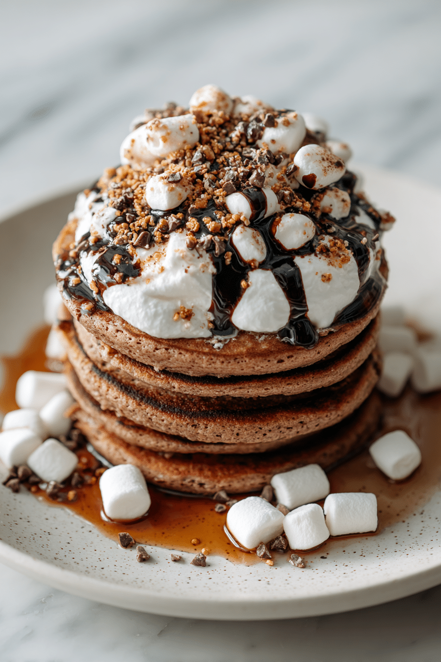 Chocolate Pancake Stacks with Mini Marshmallows Recipe - Article Image 1 — Chocolate Pancake Stacks with Mini Marshmallows, chocolate pancake recipe, breakfast pancake ideas, easy chocolate pancakes, cozy breakfast treats