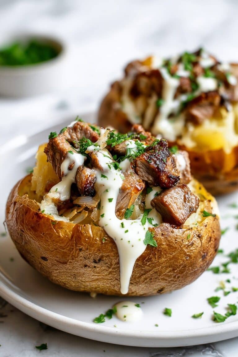 Steak Stuffed Baked Potatoes with Parmesan Sauce Recipe