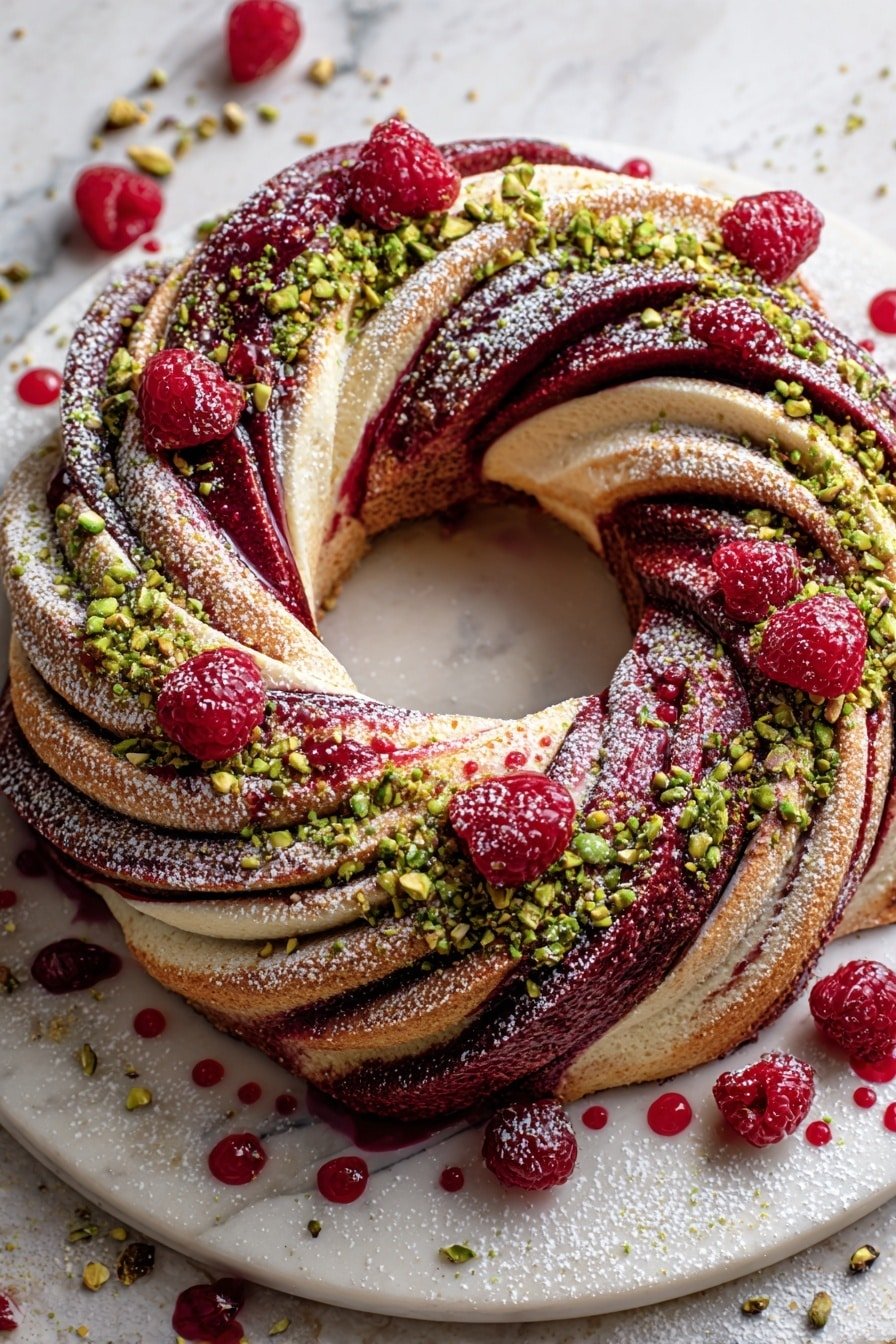 Raspberry Pistachio Wreath Recipe - Article Image 2 — Raspberry Pistachio Wreath, raspberry pistachio bread, festive wreath baking, easy holiday brunch ideas, fruity nut pastry