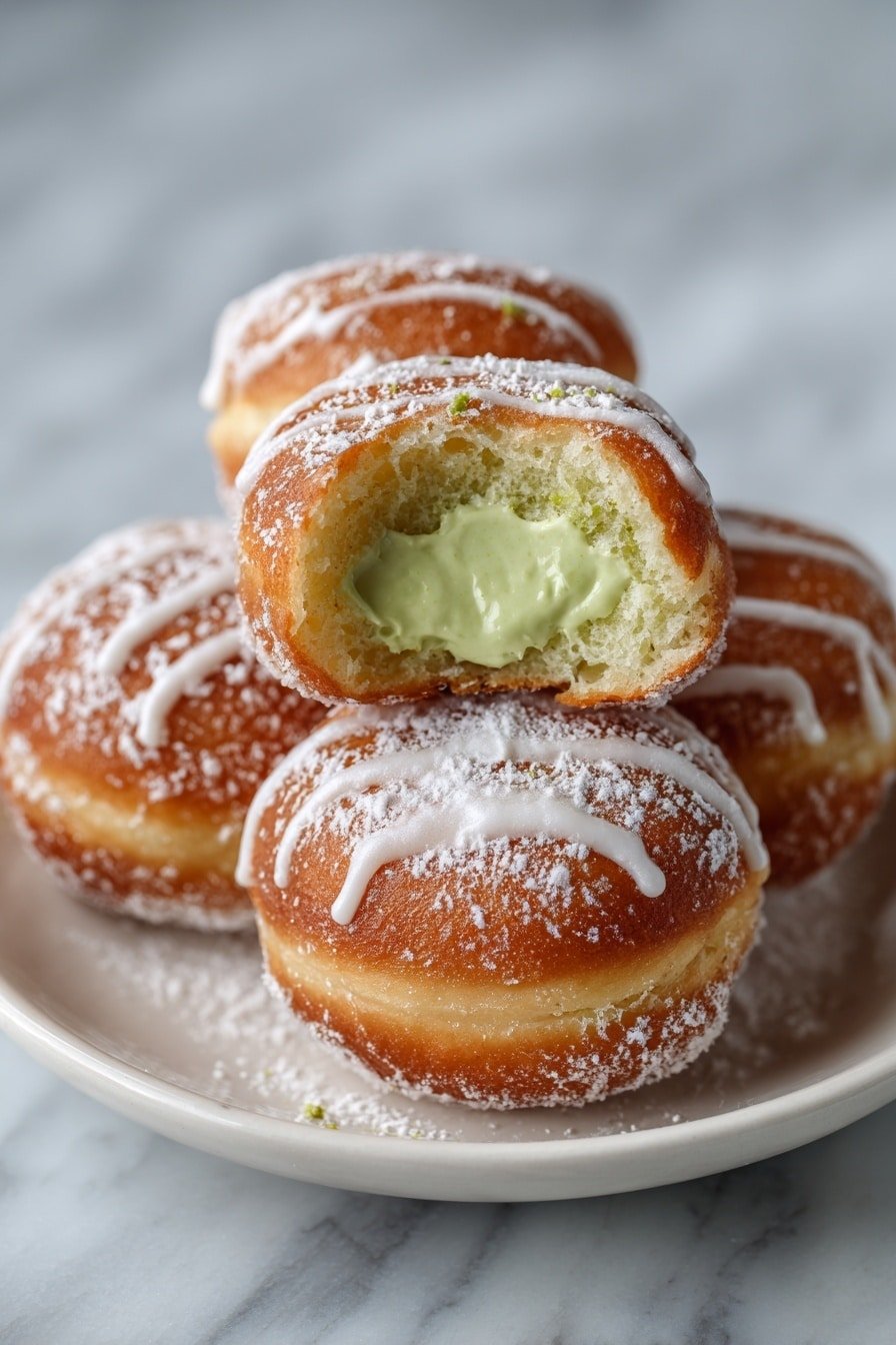 Pistachio Doughnuts with Creamy Filling Recipe - Article Image 2 — Pistachio Doughnuts with Creamy Filling, homemade pistachio doughnuts, easy doughnut recipes, filled doughnuts with pistachio, soft and fluffy doughnuts with filling