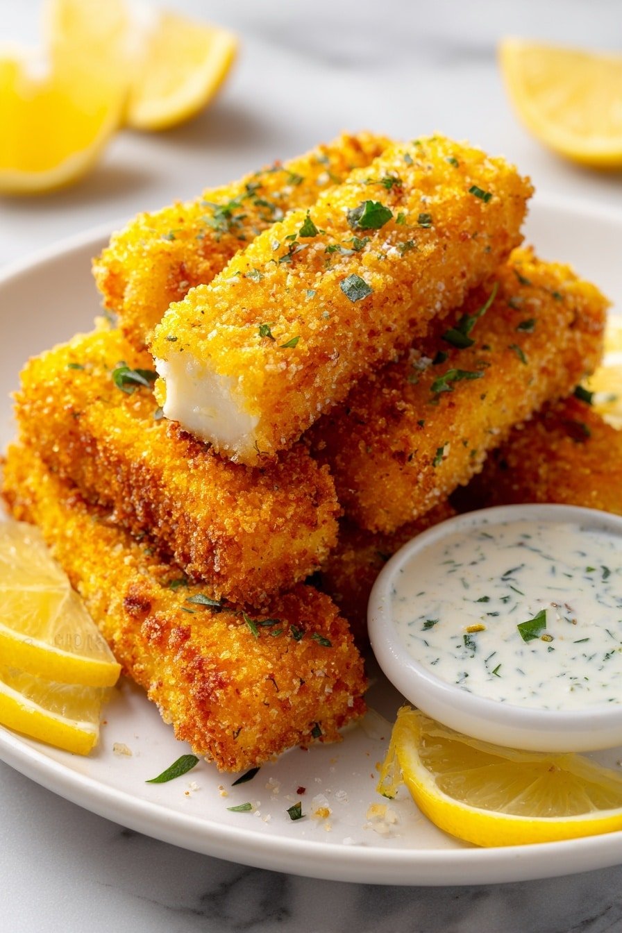 There are eight golden brown, crispy breaded sticks stacked in two layers on a white plate. The breading is rough with some darker toasted spots, showing a crunchy texture. Around the sticks, there are four bright yellow lemon wedges placed on the plate’s edge. At the back center of the plate, a small white ramekin holds a creamy white dipping sauce with tiny green herb specks. The plate is set on a white marbled surface. photo taken with an iphone --ar 2:3 --v 7 — Crispy Baked Fish Sticks with Tartar Sauce, baked fish sticks, homemade fish sticks, fish sticks with tartar sauce, easy fish stick recipe