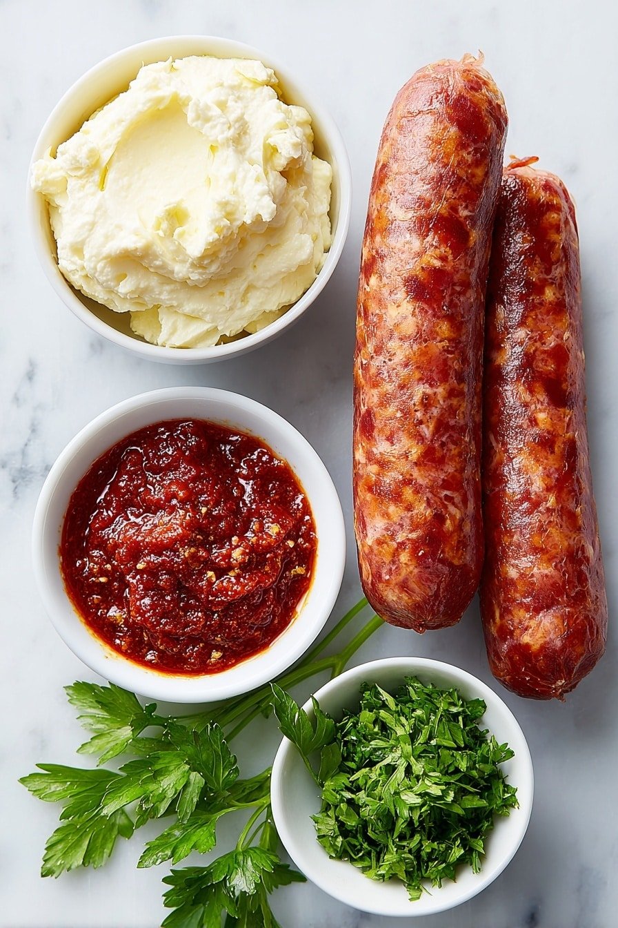 Flat lay of two fresh kielbasa rings with natural reddish-brown skin, a small white ceramic bowl of creamy mayonnaise, a small white ceramic bowl filled with vibrant red Sriracha sauce, a small white ceramic bowl containing freshly squeezed lime juice with a light green hue, and a few bright green sprigs of parsley arranged neatly, all placed on a clean white marble surface, soft natural light, photo taken with an iPhone, professional food photography style, fresh ingredients, white ceramic bowls, no bottles, no duplicates, no utensils, no packaging --ar 2:3 --v 7 --p m7354639359234015250 — Spicy Sriracha Kielbasa Bites, kielbasa appetizer ideas, air fryer sausage snacks, spicy sausage finger foods, easy party appetizer recipes