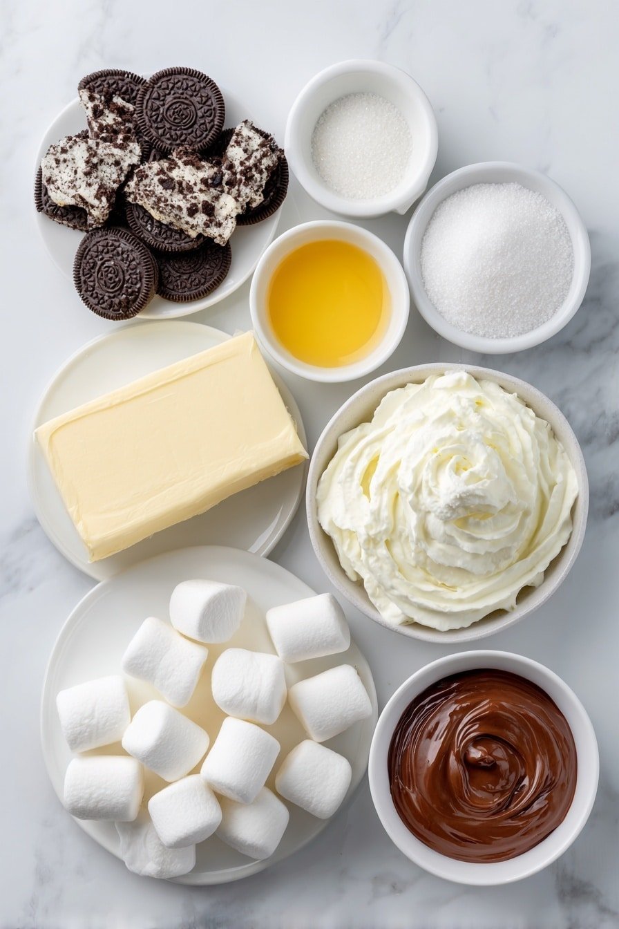 Flat lay of a small pile of crushed Oreo cookies with visible black-and-white cookie pieces, a few tablespoons of melted golden butter in a small white ceramic bowl, a block of creamy softened cream cheese on a white plate, a heap of fine white granulated sugar on a plain white ceramic dish, a fluffy swirl of white whipped topping on a simple white bowl, a small white bowl filled with rich dark chocolate pudding, a white ceramic bowl with cold milk, a neat mound of glossy white mini marshmallows on a white plate, a small white bowl holding melted shiny chocolate, and a sprinkle of light golden graham cracker crumbs arranged artfully on a white ceramic dish, placed on a clean white marble surface, soft natural light, photo taken with an iPhone, professional food photography style, fresh ingredients, white ceramic bowls, no bottles, no duplicates, no utensils, no packaging --ar 2:3 --v 7 --p m7354639359234015250 — Hot Chocolate Lasagna Dessert, chocolate layered dessert, easy winter dessert, no-bake chocolate treat, cozy holiday dessert