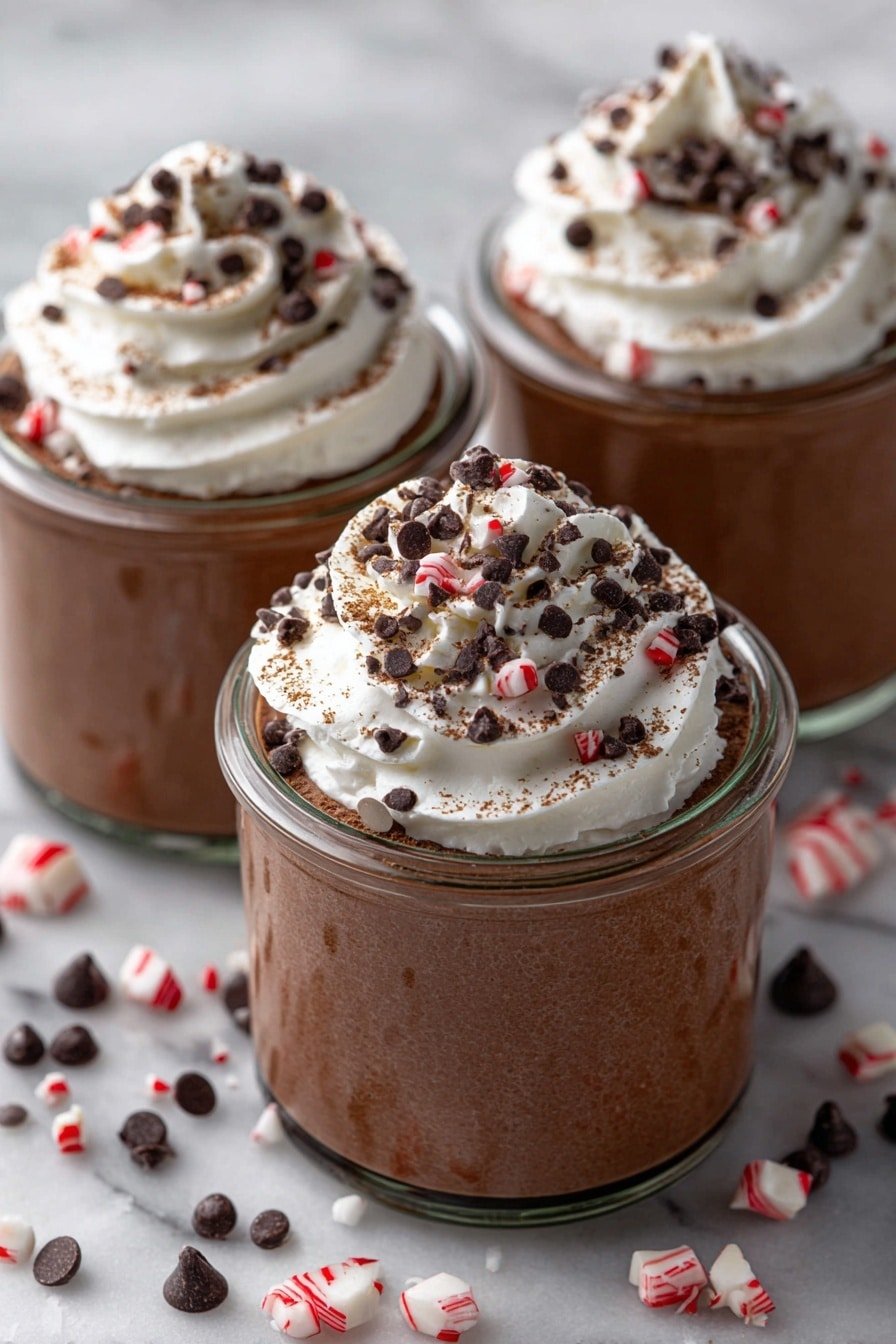 This image shows two clear glass jars filled with a layered chocolate mousse dessert placed on a white marbled surface. Each jar has three layers: the bottom layer is a dense, dark chocolate base, the middle layer is a thick, light brown mousse with a smooth and airy texture, and the top layer has fluffy white whipped cream swirling up with a silver spoon in the front jar. The whipped cream is sprinkled with dark chocolate chips and fine cocoa powder. Around the jars are scattered dark chocolate chips and small red and white striped peppermint candies. Photo taken with an iphone --ar 2:3 --v 7 — Peppermint Chocolate Greek Yogurt Dessert, peppermint chocolate dessert, healthy chocolate dessert, Greek yogurt holiday dessert, easy peppermint dessert