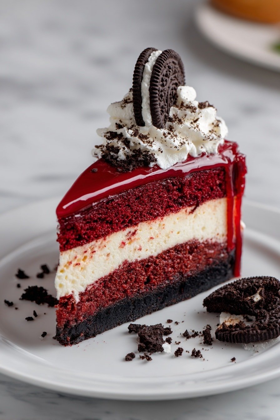 Red Velvet Oreo Cheesecake Recipe - Article Image 2 — Red Velvet Oreo Cheesecake, Red Velvet Oreo Cheesecake Recipe, festive cheesecake with Oreos, creamy red velvet dessert, easy red velvet cheesecake