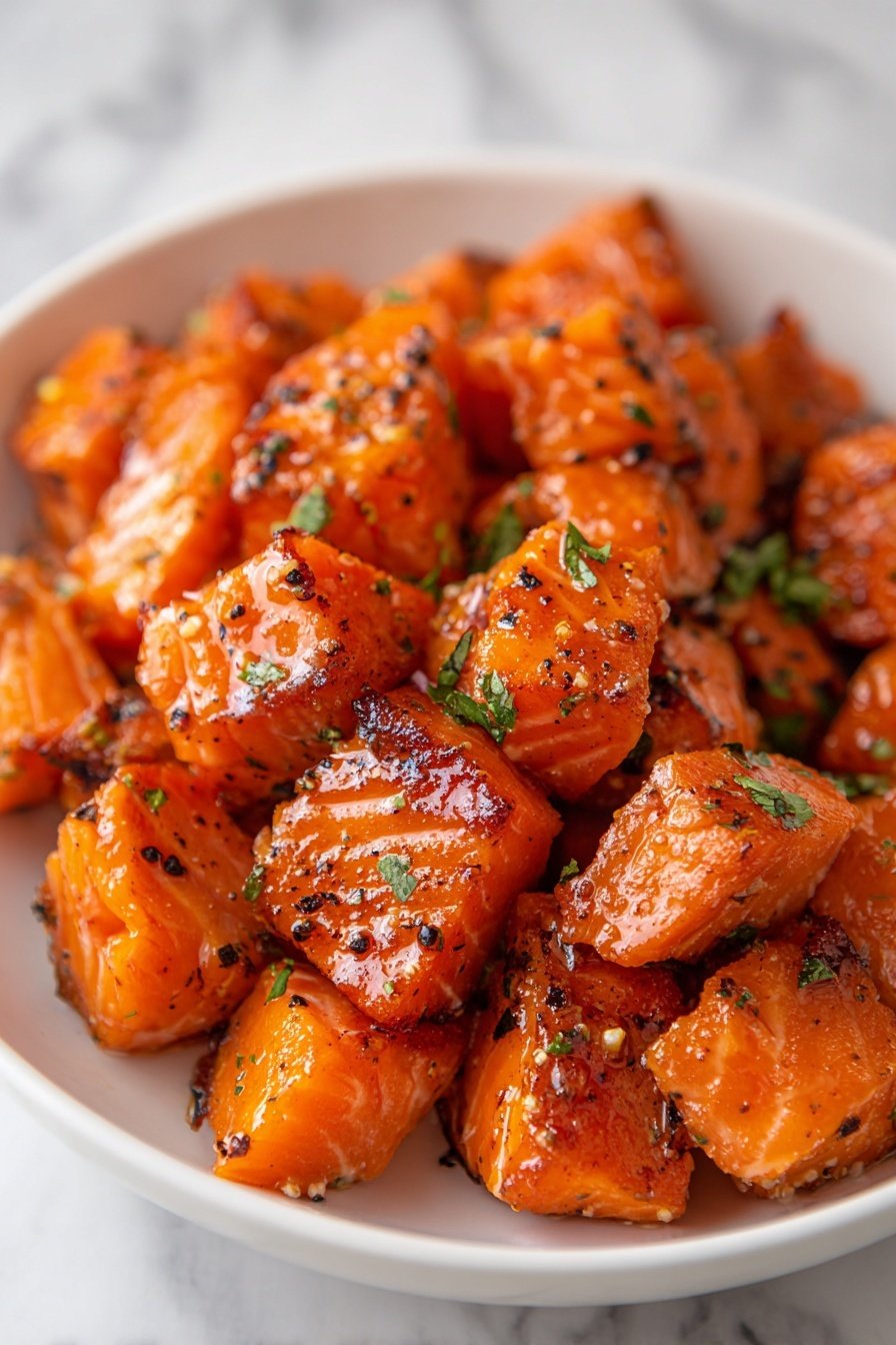 A white bowl filled with many shiny, glazed orange pieces of cooked salmon, each piece cut into medium-sized cubes. The salmon has a slightly charred texture on the surface with dark grill marks and is sprinkled with small bits of green herbs, adding fresh color and texture. The pieces are piled up closely, showing a juicy and well-seasoned look with tiny black pepper flakes scattered on top. The bowl sits on a white marbled surface. photo taken with an iphone --ar 2:3 --v 7 — Hot Honey Salmon Bites, spicy salmon appetizers, honey glazed salmon, easy salmon dinner, flavorful salmon recipes