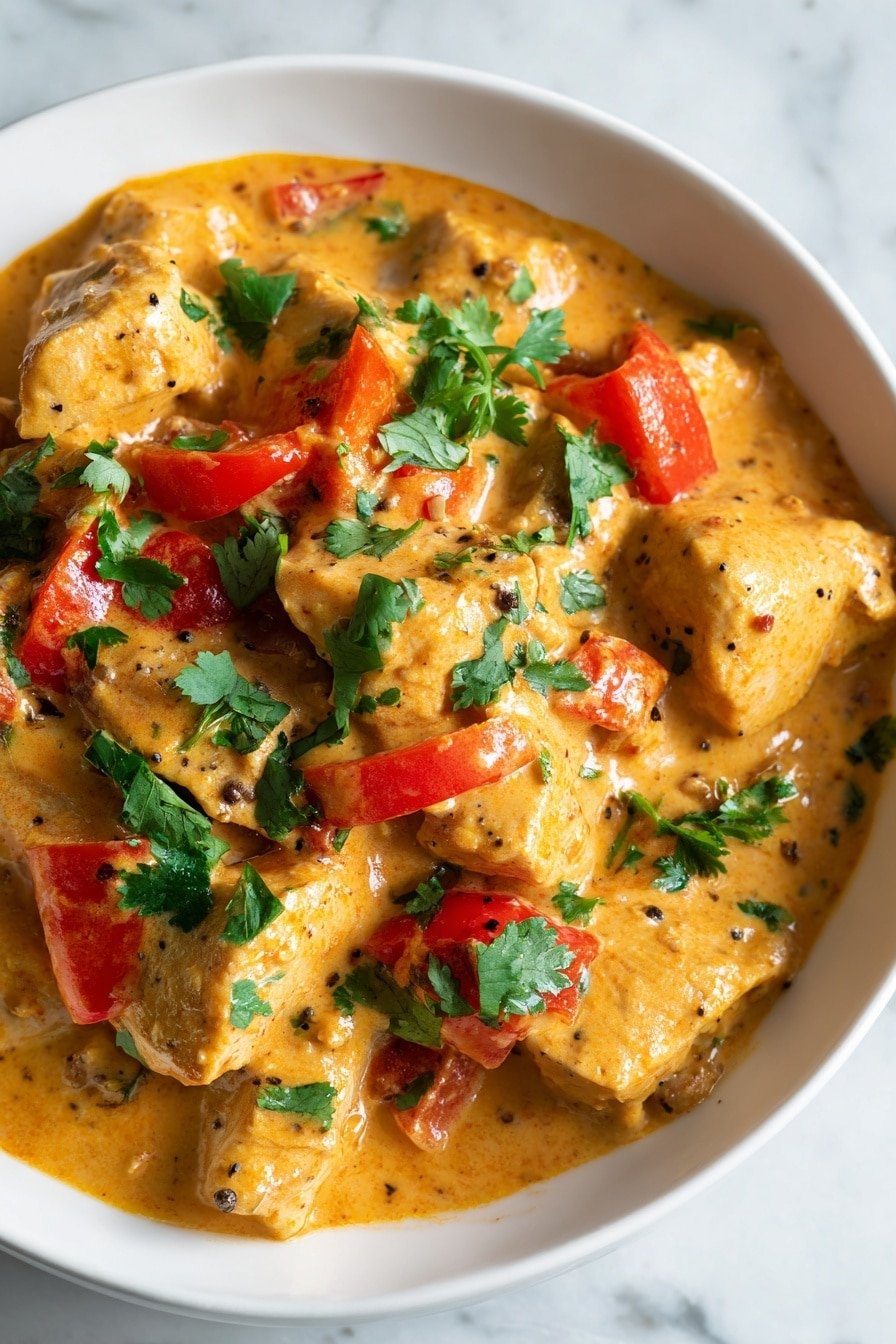 This image shows a close-up of a white plate filled with thick pieces of light golden chicken covered in a rich, creamy orange sauce. Bright red slices of bell pepper are mixed in with the chicken, and the dish is topped with fresh, bright green cilantro leaves scattered across the surface. The sauce has a smooth texture with small bits of green herbs and visible specks of black pepper. The background is a white marbled surface. Photo taken with an iphone --ar 2:3 --v 7 — Brazilian Coconut Chicken, coconut chicken recipes, tropical chicken dishes, comforting chicken dinner, easy Brazilian-inspired recipes