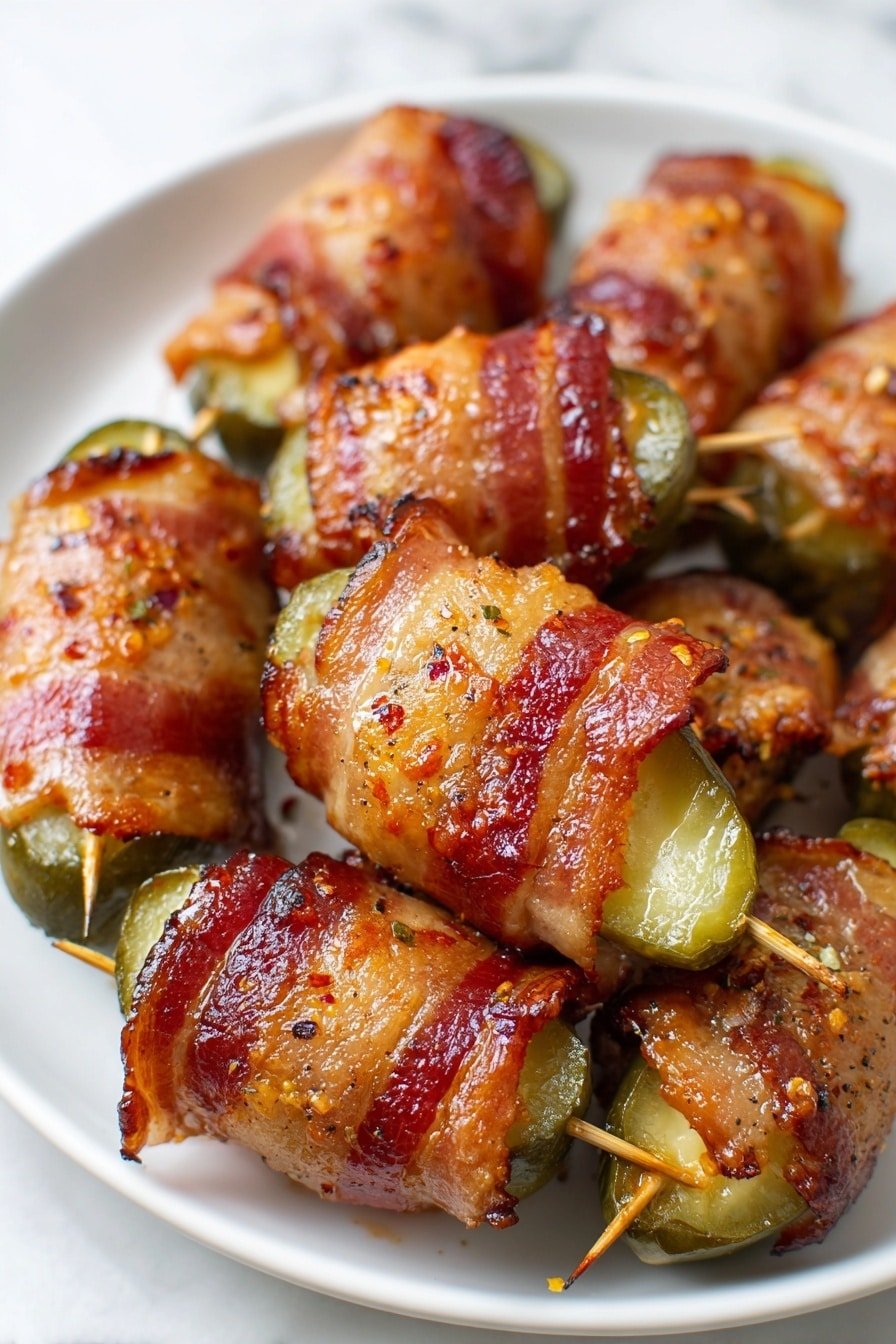 The image shows several small pieces of pickles wrapped tightly with crispy bacon strips. Each bite-sized piece is held together with a small wooden toothpick piercing through the middle. The bacon has a dark reddish-brown color with a crunchy texture, while the pickles are green with small bumps on the skin. The pieces are piled on a white plate, and there is a soft focus on the background, showing more of the same wrapped pickles. Tiny green herb bits are sprinkled over the bacon, adding a touch of color. The photo was taken on a white marbled surface. photo taken with an iphone --ar 2:3 --v 7 — Bacon-Wrapped Pickles Appetizer, bacon-wrapped pickles, bacon appetizer recipes, savory pickle bites, easy party appetizers