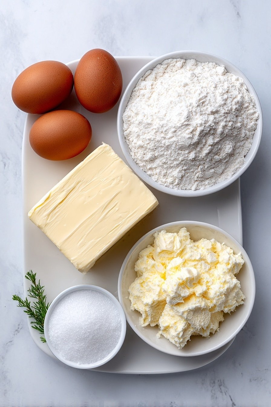Flat lay of a small block of unsalted butter with a smooth creamy texture, a small white ceramic bowl filled with fine powdered sugar, a small white ceramic bowl holding a mound of all-purpose flour, and two whole brown eggs with clean shells, all arranged in perfect symmetry on a clean white ceramic plate, placed on a clean white marble surface, soft natural light, photo taken with an iPhone, professional food photography style, fresh ingredients, white ceramic bowls, no bottles, no duplicates, no utensils, no packaging --ar 2:3 --v 7 --p m7354639359234015250 — Buttery Shortbread Cookies, Shortbread Cookies Recipe, How to Make Shortbread, Easy Shortbread Cookies, Homemade Shortbread Cookies