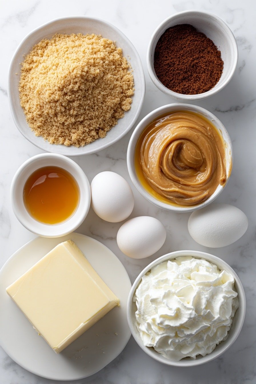 Flat lay of a small mound of golden Biscoff cookie crumbs, a small puddle of melted golden butter elegantly pooled in a white ceramic bowl, a smooth block of creamy white cream cheese, a spoonful of thick, light brown cookie butter spread on a white ceramic dish, a small white bowl filled with rich dark brown packed brown sugar, a small white bowl holding fresh heavy whipping cream with soft peaks forming, a tiny white bowl containing pale vanilla extract, two whole uncracked brown eggs, a small white bowl with glossy amber caramel sauce, and a dollop of fluffy white whipped cream on a simple white ceramic plate, arranged in balanced symmetry, placed on a clean white marble surface, soft natural light, photo taken with an iPhone, professional food photography style, fresh ingredients, white ceramic bowls, no bottles, no duplicates, no utensils, no packaging --ar 2:3 --v 7 --p m7354639359234015250 — Cookie Butter Caramel Cheesecake, easy cookie butter cheesecake, caramel cheesecake recipe, no-bake cookie butter dessert, decadent cheesecake with caramel
