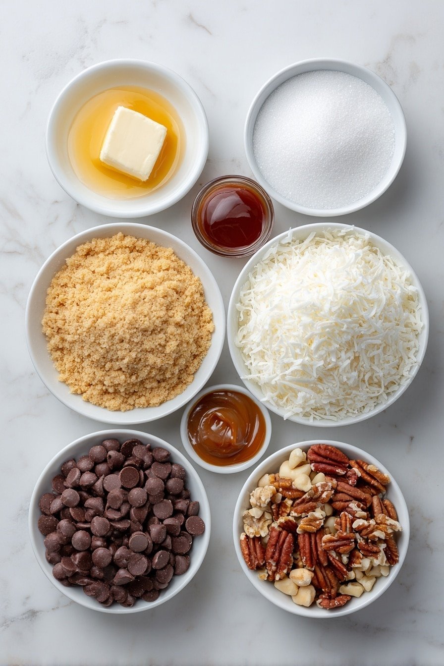 Flat lay of a small mound of golden graham cracker crumbs, a small pool of melted unsalted butter in a white ceramic bowl, a small white bowl filled with granulated sugar, a small white bowl holding thick sweetened condensed milk, a white ceramic bowl with glossy semi-sweet chocolate chips, another white bowl overflowing with shiny butterscotch chips, a white bowl heaped with fluffy shredded coconut, a small dish containing roughly chopped mixed nuts (walnuts and pecans), and a small white ceramic bowl filled with smooth caramel sauce, all arranged symmetrically and balanced on a clean white marble surface, soft natural light, photo taken with an iPhone, professional food photography style, fresh ingredients, white ceramic bowls, no bottles, no duplicates, no utensils, no packaging --ar 2:3 --v 7 --p m7354639359234015250 — Loaded Caramel Cookie Bars, caramel cookie bars recipe, easy caramel dessert bars, buttery caramel cookie bars, rich caramel chocolate bars