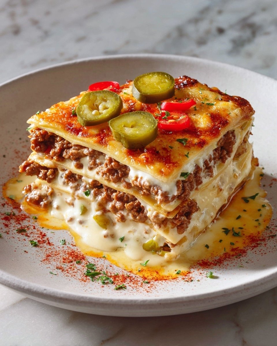 The dish is a thick slice of layered casserole with three visible layers of dark brown, textured cooked filling mixed with small chunks, alternating with creamy, light orange sauce that drips down the sides. The top layer is browned and crispy with melted cheese showing a golden-brown texture, garnished with three round slices of green pickles and small red bits scattered over it. The slice sits on a dark plate with creamy sauce pooling around it, sprinkled lightly with red spice flakes. The background is white marbled texture. photo taken with an iphone --ar 4:5 --v 7 — Vegan Cheeseburger Lasagna, vegan lasagna with cheeseburger flavors, plant-based cheeseburger casserole, vegan comfort food recipes, hearty vegan lasagna