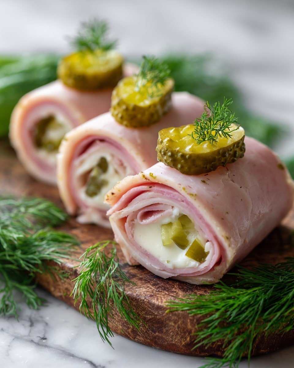 Three rolled layers of light pink ham, each filled with white creamy cheese and green pickle slices visible inside. On top of each ham roll is a green pickle slice with small textured bumps and a small sprig of fresh green dill. The rolls sit on a rough brown wooden board, placed on a white marbled surface. The background is softly blurred with green dill sprigs visible. Photo taken with an iphone --ar 4:5 --v 7 — Ham & Pickle Roll Ups, ham pickle roll ups, easy appetizer recipes, savory snack ideas, party finger foods