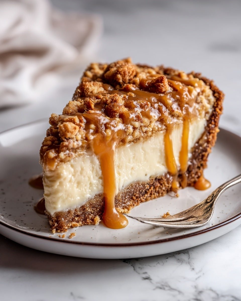 Salted Caramel Apple Pie Cheesecake Recipe - Recipe Image — Salted Caramel Apple Pie Cheesecake, apple pie cheesecake with salted caramel, fall dessert recipes, easy cheesecake with caramel and apples, cozy caramel apple dessert
