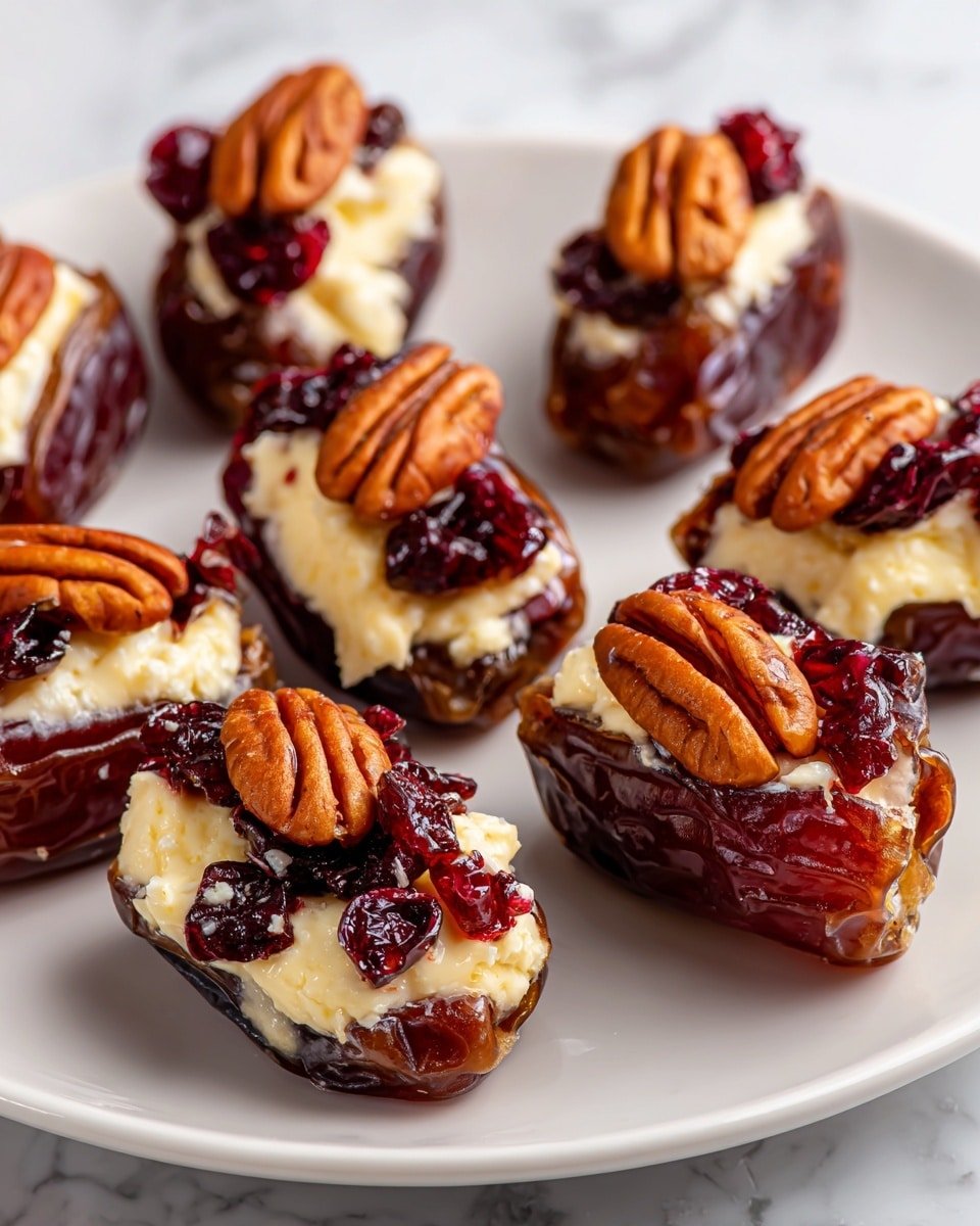 Cranberry Pecan Cream Cheese Stuffed Dates Recipe - Recipe Image — Cranberry Pecan Cream Cheese Stuffed Dates, stuffed date appetizers, easy holiday appetizers, healthy sweet snacks, gluten-free dessert ideas