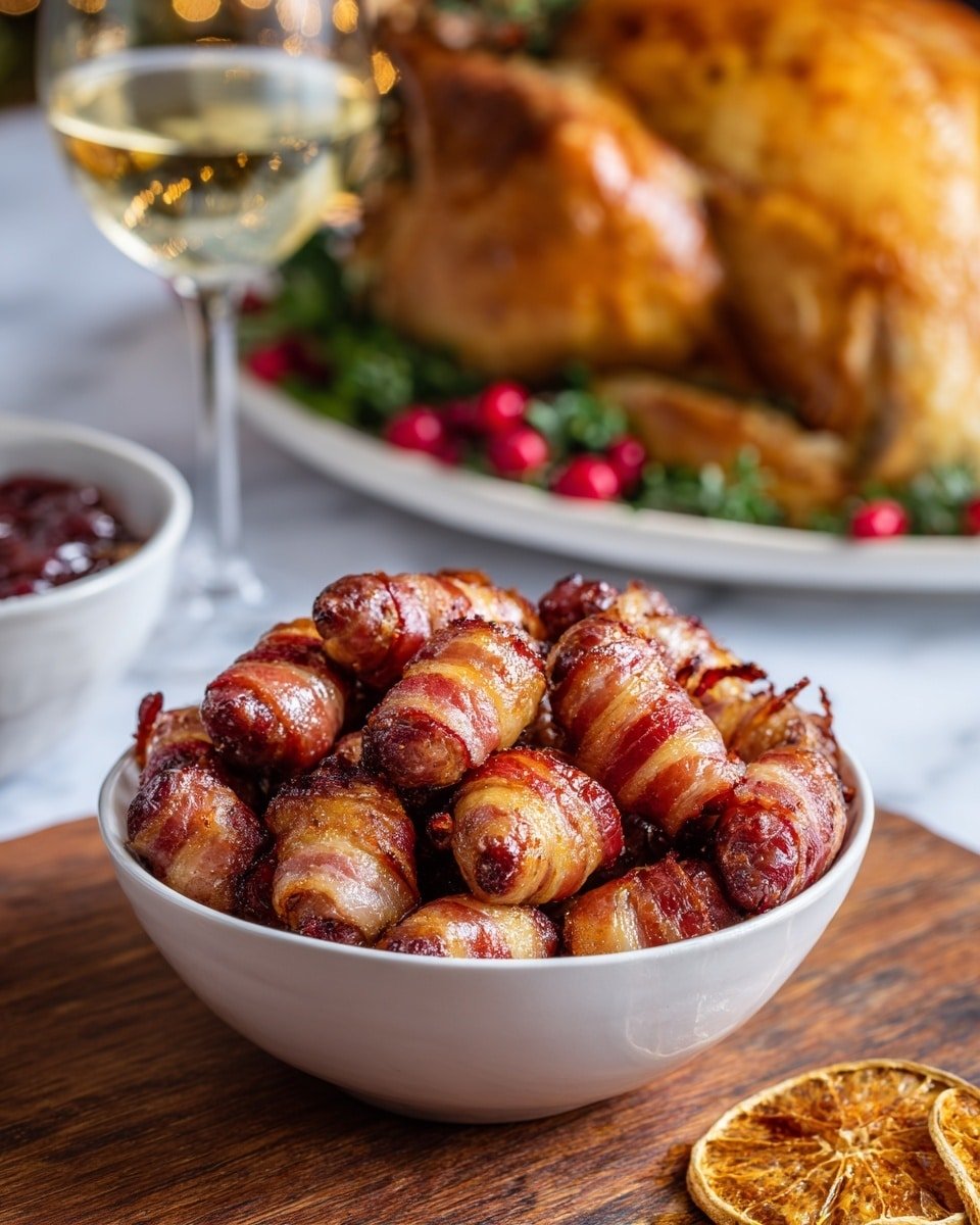 Honey-Glazed Bacon-Wrapped Sausages (Pigs in Blankets) Recipe - Recipe Image — Honey-Glazed Bacon-Wrapped Sausages, pigs in blankets with honey, savory bacon-wrapped sausages, holiday pigs in blankets, easy finger food recipes