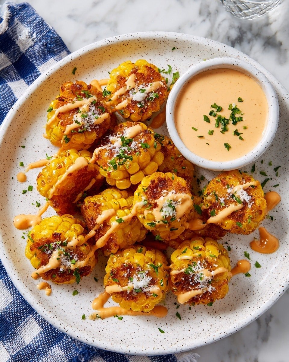 This image shows several small corn pieces arranged on a white plate with speckled details. Each corn piece is golden yellow with a slightly charred look and is drizzled with a light orange sauce. Some pieces are sprinkled with white powder, likely cheese, and small green herb leaves. To the side, there is a small round bowl filled with a creamy light orange dipping sauce, also garnished with some green herbs. The plate sits on a white marbled surface with a blue and white checkered cloth partially visible. photo taken with an iphone --ar 4:5 --v 7 — Air Fryer Corn Ribs, Corn Ribs with Buttery Seasoning and Spicy Mayo, Crispy Corn Ribs, Summer Snack Ideas, Easy Corn Ribs Recipe