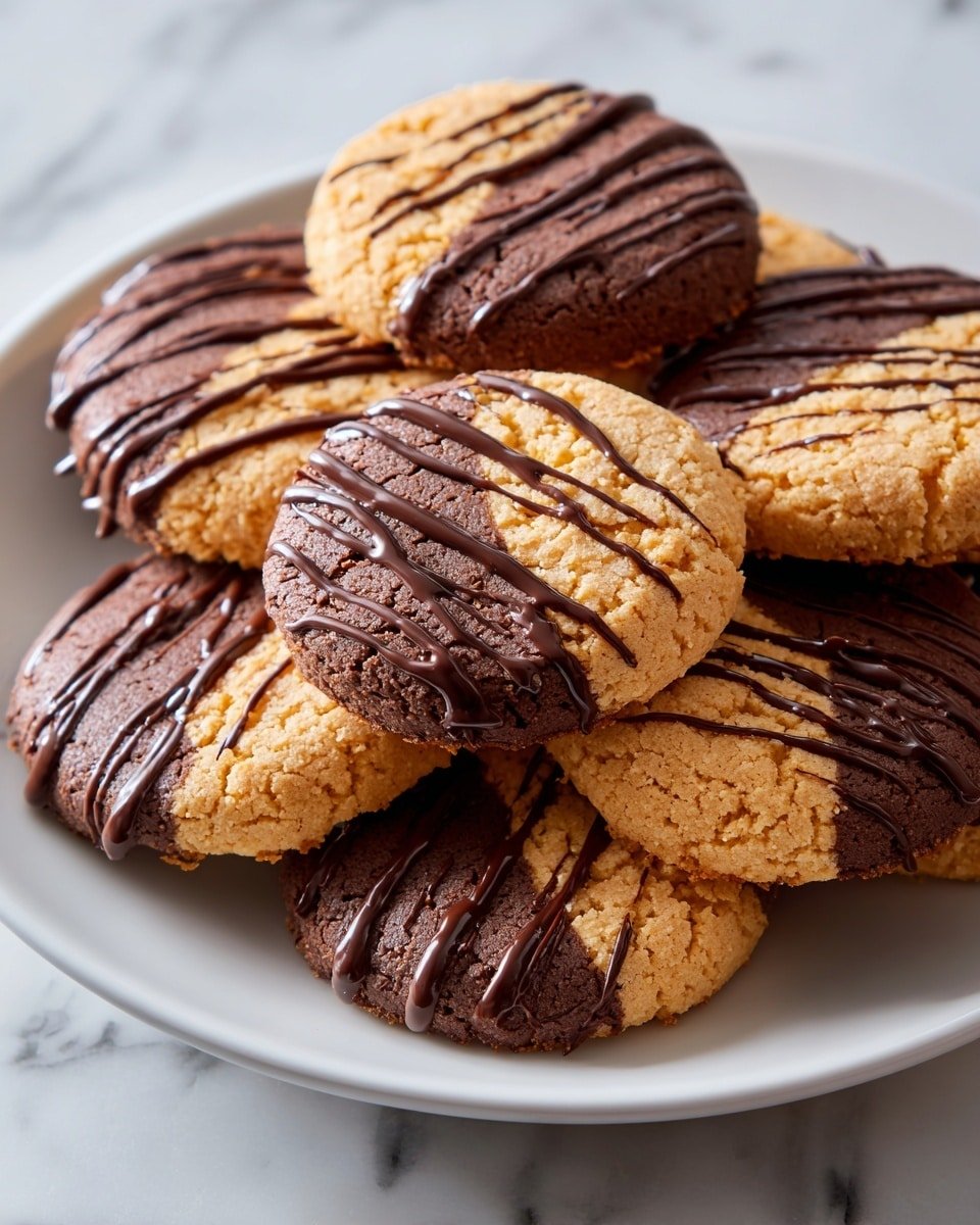 A white plate is full of round two-layer cookies on a white marbled surface. Each cookie has a light brown top layer with a rough, crumbly texture, decorated with dark brown chocolate drizzle in a zigzag pattern. Below it is a smooth, thick dark chocolate layer that forms the bottom of the cookie. The plate is surrounded by scattered light brown oat crumbs. In the background, blurred pieces of dark chocolate are visible. Photo taken with an iphone --ar 4:5 --v 7 — Peanut Butter Fudge Stripe Cookies, peanut butter cookies, chocolate stripe cookies, nostalgic cookie recipes, easy cookie recipes