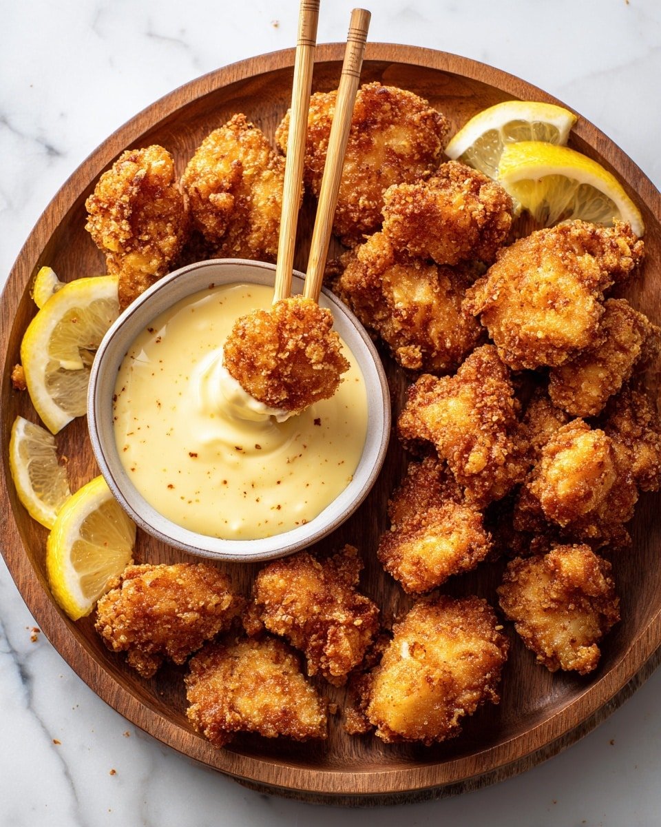 A round wooden tray holds many golden-brown fried chicken pieces with a rough, crispy texture, scattered around a small white bowl filled with creamy pale yellow dipping sauce. One piece of fried chicken is held by wooden chopsticks above the bowl, partially covered in the sauce. In the background, there are small lemon wedges resting on the tray. The tray sits on a white marbled surface. photo taken with an iphone --ar 4:5 --v 7 — Air Fryer Chicken Karaage, Japanese chicken fried chicken, healthy chicken karaage, crispy chicken recipe, easy air fryer chicken