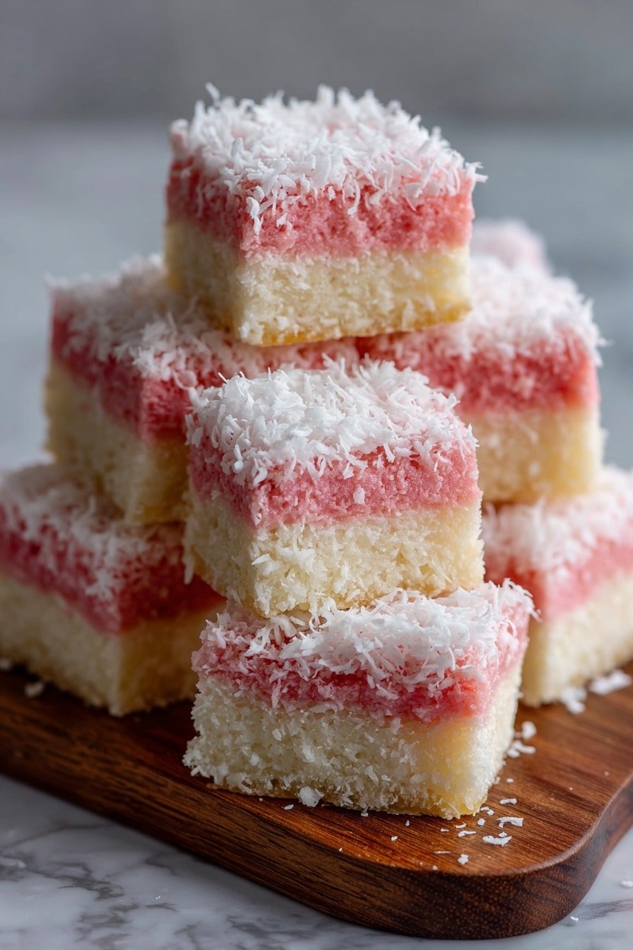 Pink Coconut Snow Bars Recipe - Article Image 2 — Pink Coconut Snow Bars, Pink Coconut Snow Bars recipe, Coconut dessert bars, Soft coconut bar recipe, Festive coconut treat