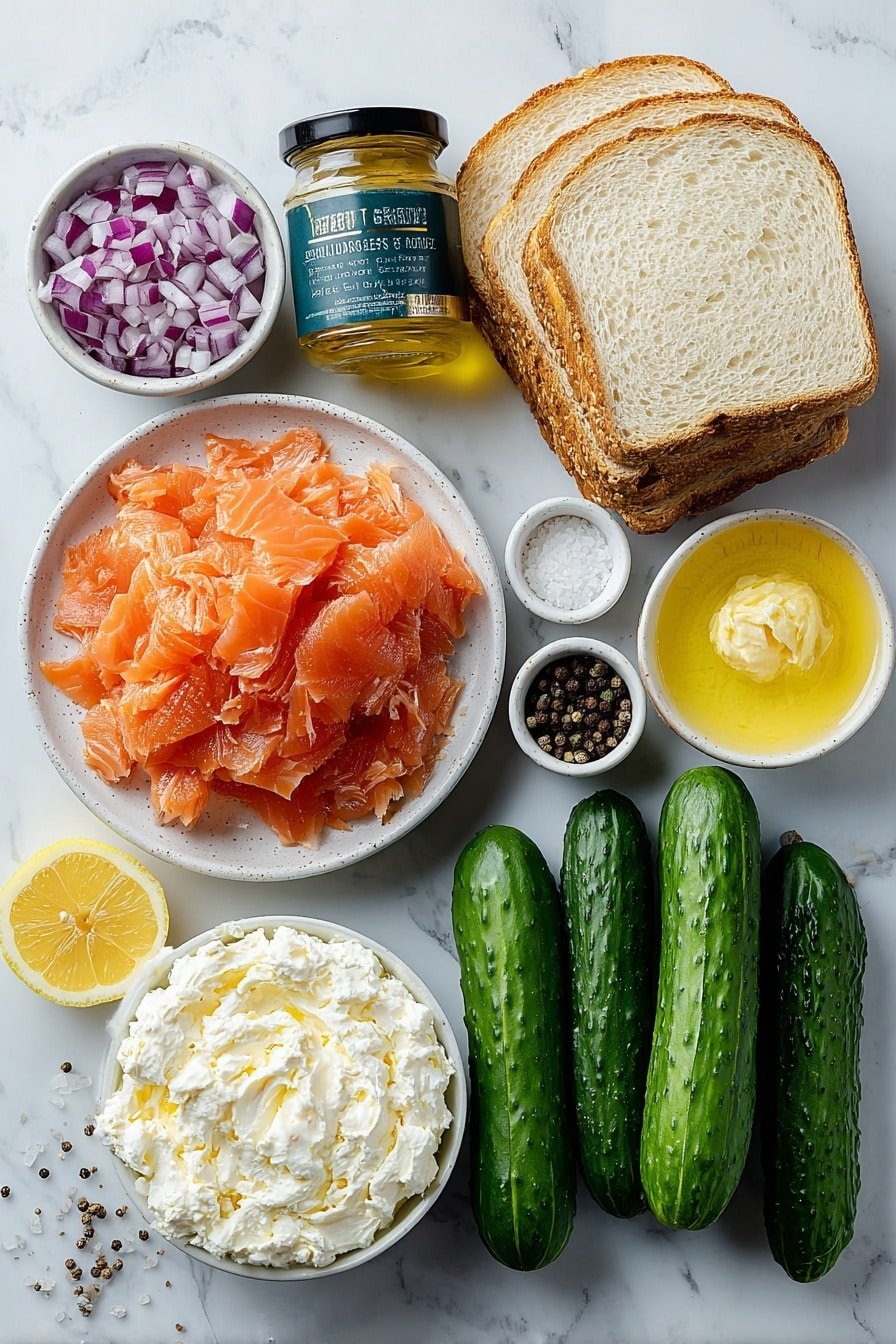 Smoked Salmon & Cucumber Sandwiches Recipe - Ingredients Image — Smoked Salmon & Cucumber Sandwiches, smoked salmon sandwich ideas, elegant finger foods, quick lunch recipes, vegetarian sandwich options