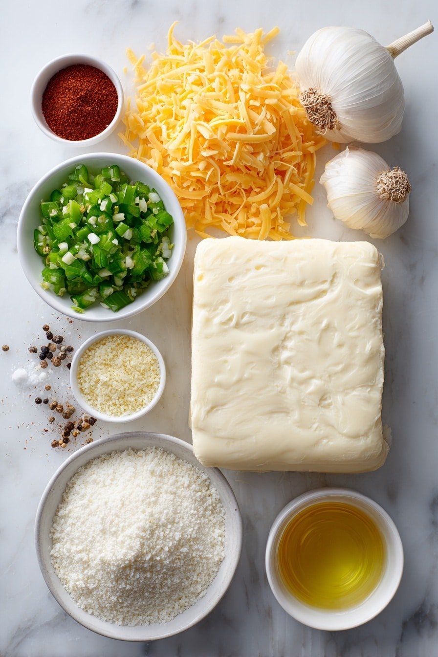 Flat lay of shredded bright orange cheddar cheese next to a smooth block of softened cream cheese, a small white bowl filled with finely diced fresh green jalapeños, a small heap of pale all-purpose flour, a small mound of golden panko breadcrumbs, a few scattered garlic cloves representing garlic powder, a small pile of whole onion bulbs representing onion powder, a small heap of vibrant red paprika powder, a small pinch of coarse sea salt crystals and black peppercorns paired in a tiny white bowl, and a small white bowl with clear golden frying oil, all arranged symmetrically on a clean white ceramic plates and bowls, placed on a clean white marble surface, soft natural light, photo taken with an iPhone, professional food photography style, fresh ingredients, white ceramic bowls, no bottles, no duplicates, no utensils, no packaging --ar 2:3 --v 7 --p m7354639359234015250 — Cheddar Jalapeño Rattlesnake Bites, cheesy spicy appetizer, crispy jalapeño bites, easy party snack, flavorful cheese and jalapeño bites