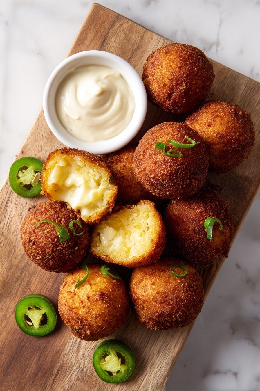 Seven golden brown fried balls are placed on a wooden board with some green herb sprinkles on top and around them. One ball is broken open in the center showing a creamy white and green filling with small chunks inside. Behind them, there is a white bowl filled with white dipping sauce. A few slices of green chili peppers and small pieces of herbs are scattered on the board around the balls. The background is a white marbled texture photo taken with an iphone --ar 2:3 --v 7 — Cheddar Jalapeño Rattlesnake Bites, cheesy spicy appetizer, crispy jalapeño bites, easy party snack, flavorful cheese and jalapeño bites