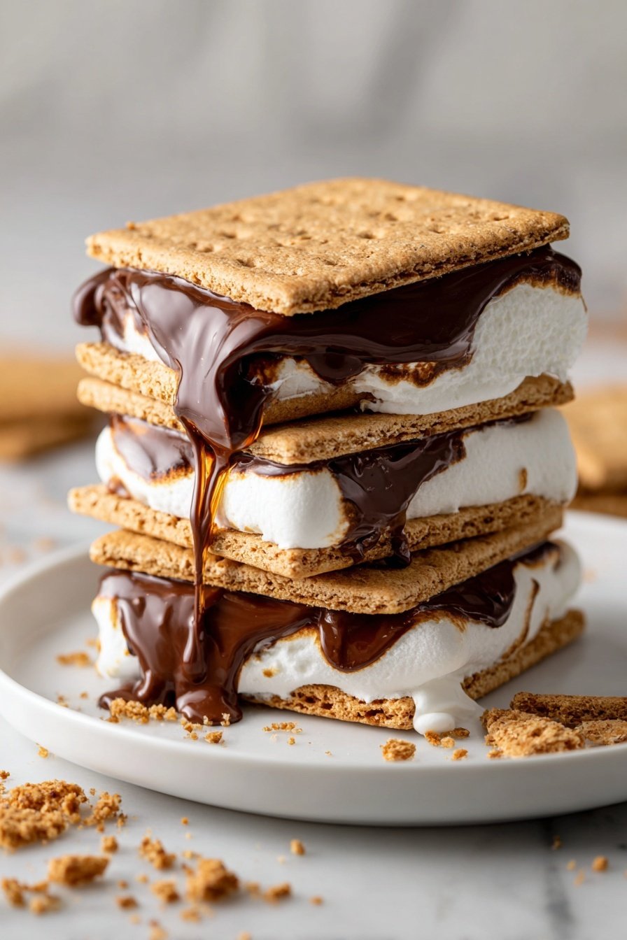 A close-up view of a s'more with three layers: the top and bottom layers are square, light brown graham crackers with small holes creating a textured surface, and the middle layers consist of a thick, slightly melted round white marshmallow topped with a glossy, dark brown chocolate piece that is melting and dripping slightly over the marshmallow edges; the s'more sits on a white marbled surface with a broken chocolate piece nearby in soft focus; photo taken with an iphone --ar 2:3 --v 7 — Air Fryer S’mores, s'mores recipe, easy s'mores, camping desserts, marshmallow treats