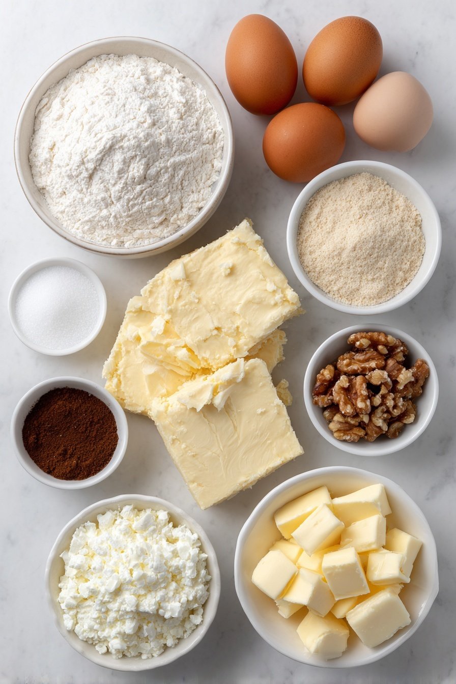 Flat lay of fresh refrigerated biscuit dough pieces cut into quarters arranged neatly, a small white bowl with granulated sugar, a small white bowl with ground cinnamon powder, a small white bowl filled with chopped walnuts, a small white bowl of salted butter chunks, a small white bowl with packed light brown sugar, a small white bowl containing clear vanilla extract, whole uncracked brown eggs, all placed symmetrically on a clean white marble surface, soft natural light, photo taken with an iPhone, professional food photography style, fresh ingredients, white ceramic bowls, no bottles, no duplicates, no utensils, no packaging --ar 2:3 --v 7 --p m7354639359234015250 — Homemade Walnut Monkey Bread with Vanilla, cinnamon walnut pull-apart bread, easy sweet monkey bread recipe, buttery walnut dessert, vanilla swirl monkey bread