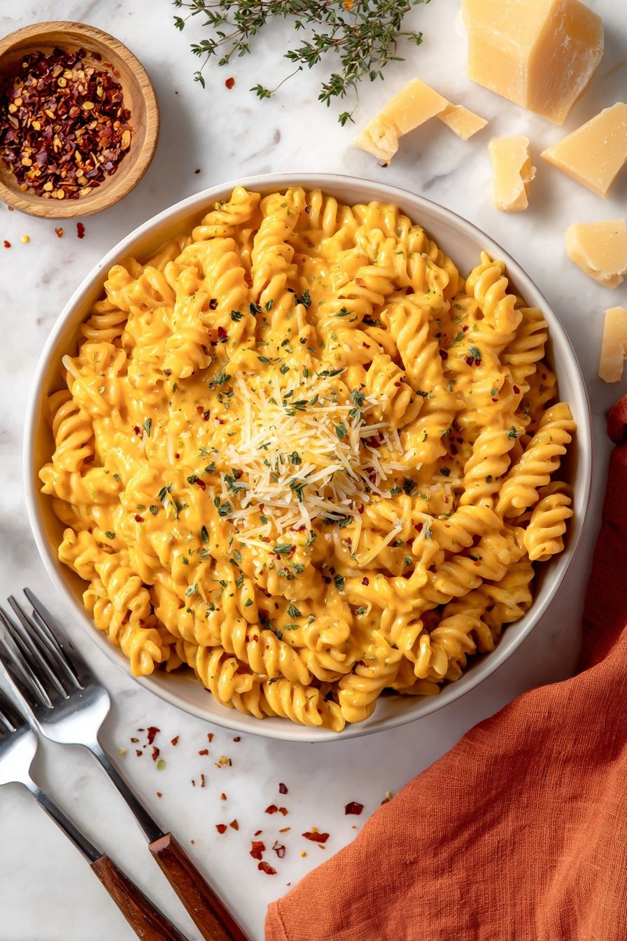 The image shows a white bowl filled with a spiral pasta covered in a thick, smooth, bright orange cheese sauce. The pasta is arranged in a circular pattern around the bowl, with the cheese sauce generously coating the spirals and pooling in the center. On top, there is a layer of finely grated white cheese sprinkled with small green herb pieces and red pepper flakes, adding texture and color contrast. The bowl sits on a white marbled surface with a chunk of cheese and some herbs nearby, along with two silver forks at the side and a small brown bowl of red pepper flakes. A red cloth napkin is partially visible on the right side. photo taken with an iphone --ar 2:3 --v 7 — Butternut Squash Pasta Sauce, cozy vegetarian pasta sauce, creamy squash pasta sauce, easy fall pasta sauce, healthy butternut squash pasta