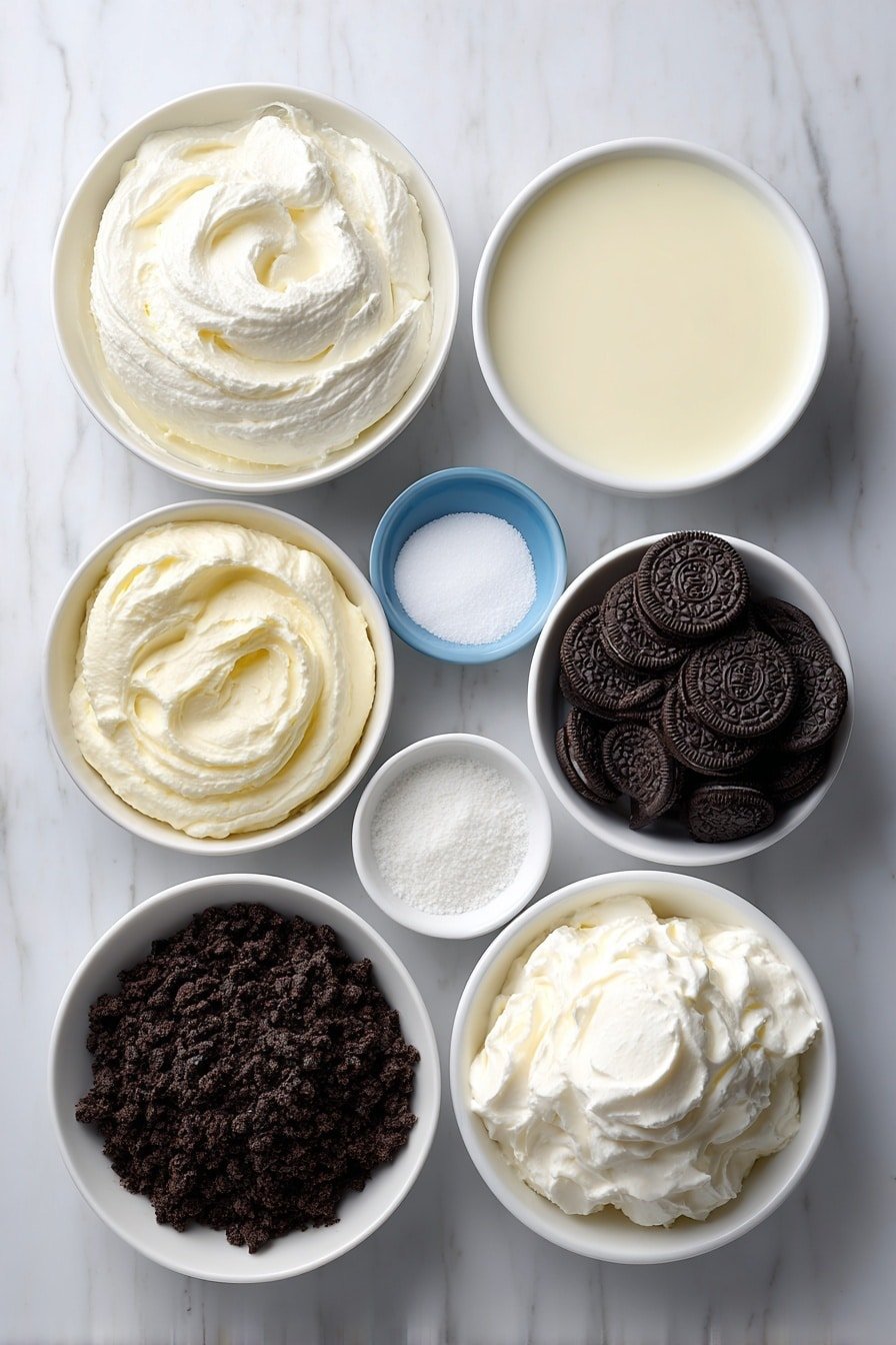 Flat lay of a small bowl of heavy cream, a small bowl of milk, a small bowl of granulated sugar, a small bowl of vanilla extract, a tiny white bowl with a few drops of blue food coloring, a small white bowl filled with crushed chocolate chip cookies, a small white bowl filled with crushed Oreo cookies, a small white bowl with whipped cream, a small white bowl filled with mini cookie crumbles, all arranged symmetrically with perfect proportions on a simple white ceramic surface, placed on a clean white marble surface, soft natural light, photo taken with an iPhone, professional food photography style, fresh ingredients, white ceramic bowls, no bottles, no duplicates, no utensils, no packaging --ar 2:3 --v 7 --p m7354639359234015250 — Cookie Monster Ice Cream, homemade blue ice cream with cookies, playful ice cream recipes, easy fun dessert, vanilla cookie ice cream