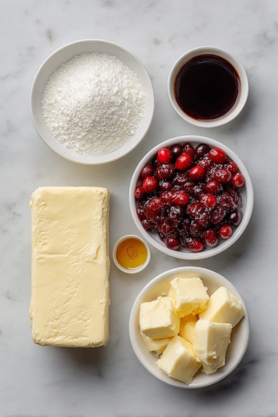 Flat lay of a smooth block of cream cheese, a small white bowl of fine granulated sugar, a small white bowl of vanilla extract, a small white bowl filled with whole berry cranberry sauce showing plump cranberries, and a few pieces of raw crescent roll dough triangles arranged neatly, all placed on a clean white marble surface, soft natural light, photo taken with an iPhone, professional food photography style, fresh ingredients, white ceramic bowls, no bottles, no duplicates, no utensils, no packaging --ar 2:3 --v 7 --p m7354639359234015250 — Cranberry Cream Cheese Crescent Bites, Breakfast Appetizer with Cranberries, Easy Cranberry Crescent Bites, Holiday Cranberry Snack, Baked Cranberry Cream Cheese Pastry